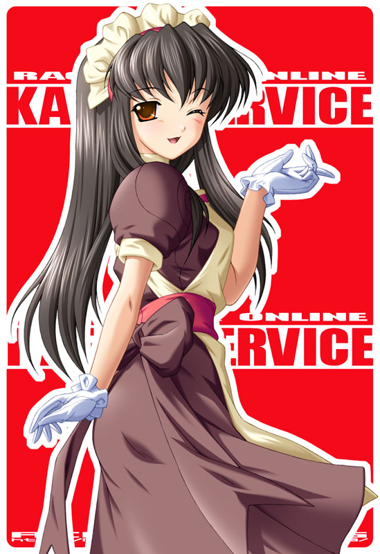 1girl apron black_hair blush breasts brown_dress brown_eyes commentary_request copyright_name cowboy_shot dress gloves jasmine_(ragnarok_online) kafra_uniform kazuma_muramasa long_hair looking_at_viewer looking_to_the_side maid maid_headdress medium_breasts one_eye_closed open_mouth outline puffy_short_sleeves puffy_sleeves ragnarok_online red_background short_sleeves smile solo white_apron white_gloves white_outline