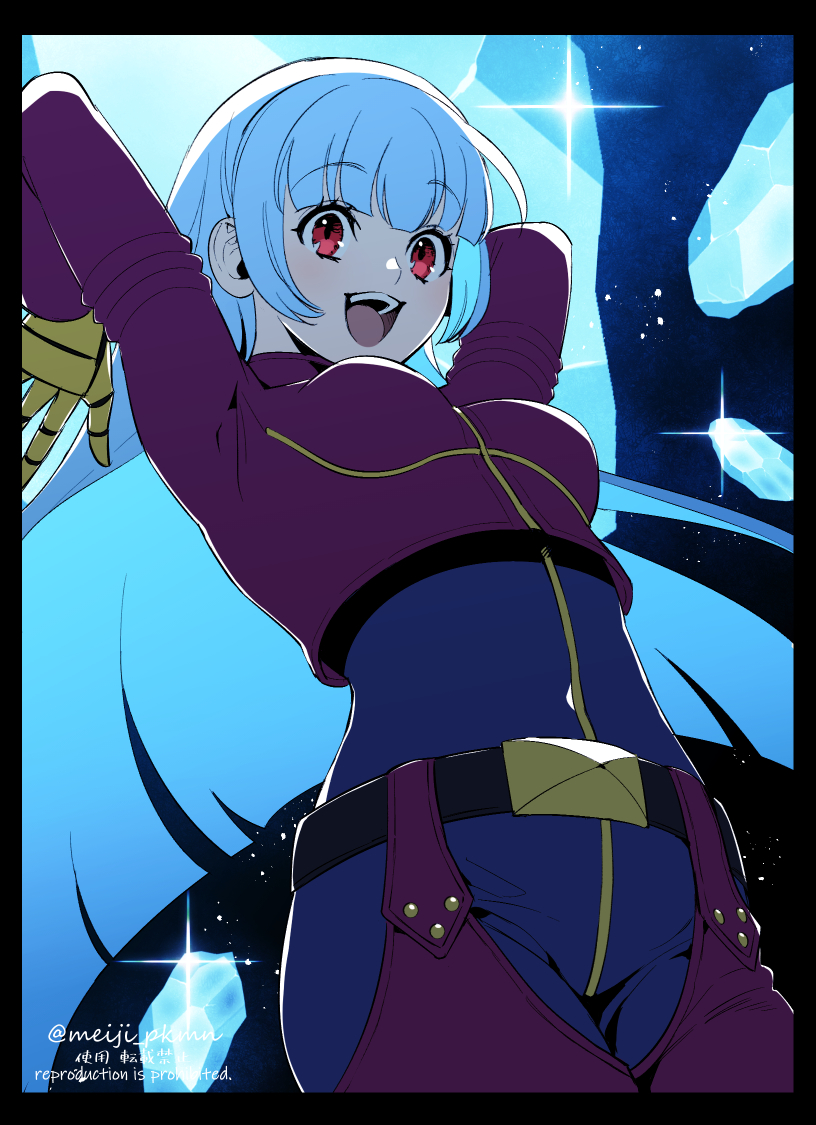 1girl anime_coloring belt blue_hair bodysuit chaps cropped_jacket english_text glint gloves ice jacket kula_diamond long_hair meiji_ken open_mouth red_eyes solo the_king_of_fighters