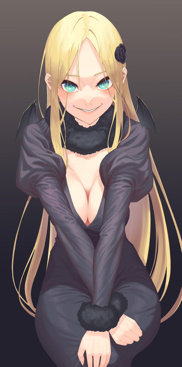 1girl black_dress black_neckwear blonde_hair blue_eyes breasts cleavage demon_girl demon_wings dress fur_trim highres large_breasts long_hair overlord_(maruyama) renner_theiere_chardelon_ryle_vaiself smile very_long_hair wings yandere