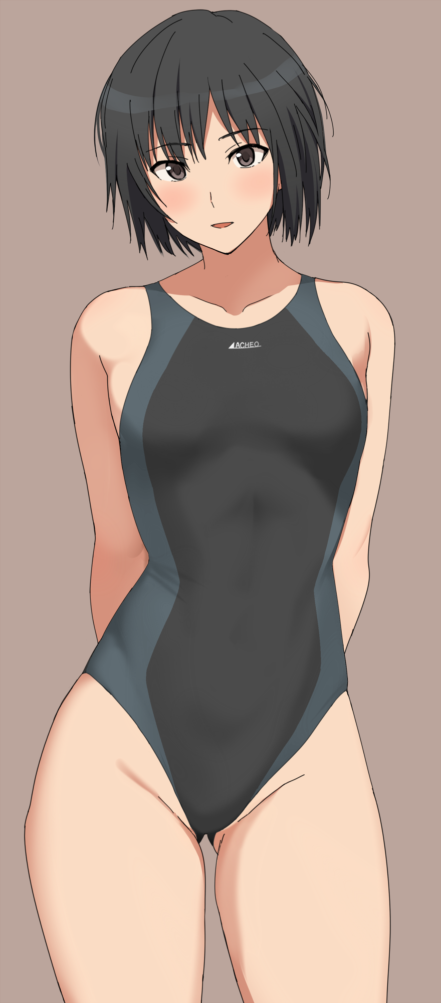 1girl amagami arms_behind_back bare_shoulders black_eyes black_hair black_one-piece_swimsuit blue_one-piece_swimsuit blush breasts brown_background collarbone competition_swimsuit cowboy_shot gluteal_fold groin highleg highleg_one-piece_swimsuit highres looking_at_viewer mobu nanasaki_ai one-piece_swimsuit parted_lips short_hair simple_background small_breasts solo swimsuit two-tone_one-piece_swimsuit