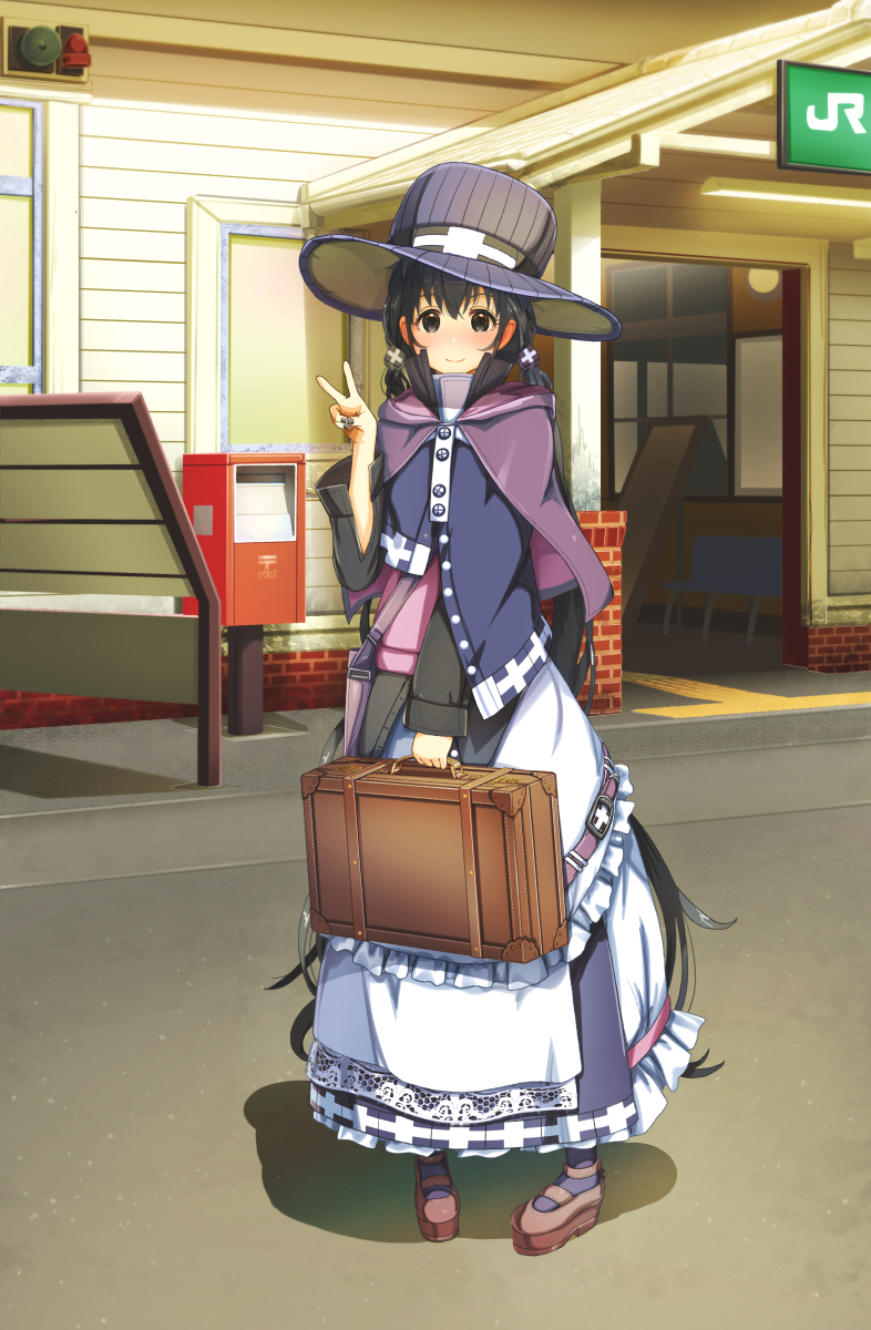 1girl aiuabo bag belt belt_buckle black_hair black_ribbon black_shirt blue_eyes blue_nails blush briefcase brown_bag brown_shoes buckle capelet closed_mouth commentary_request commission cube_hair_ornament frilled_skirt frills full_body hair_ornament hand_up hat hat_ribbon highres holding holding_bag hood hood_down hooded_capelet layered_skirt long_hair long_skirt long_sleeves looking_at_viewer low_twintails mary_janes nail_polish original outdoors pantyhose pink_bag pink_belt pixiv_commission purple_capelet purple_hat purple_pantyhose ribbon shirt shoes shoulder_bag skirt smile solo standing top_hat twintails v very_long_hair white_skirt