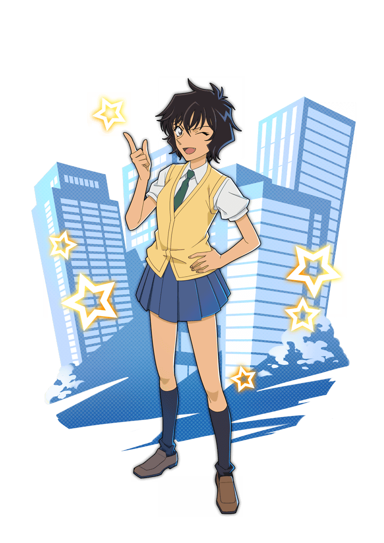 1girl ;d black_hair blue_eyes blue_skirt brown_shoes building collared_shirt crossed_bangs fang finger_gun full_body green_necktie hand_on_own_hip hand_up kneehighs loafers looking_at_viewer meitantei_conan miniskirt necktie non-web_source official_art one_eye_closed open_mouth pleated_skirt school_uniform sera_masumi shirt shoes short_hair skirt smile socks solo standing star_(symbol) summer_uniform teitan_high_school_uniform transparent_background vest white_shirt yellow_vest