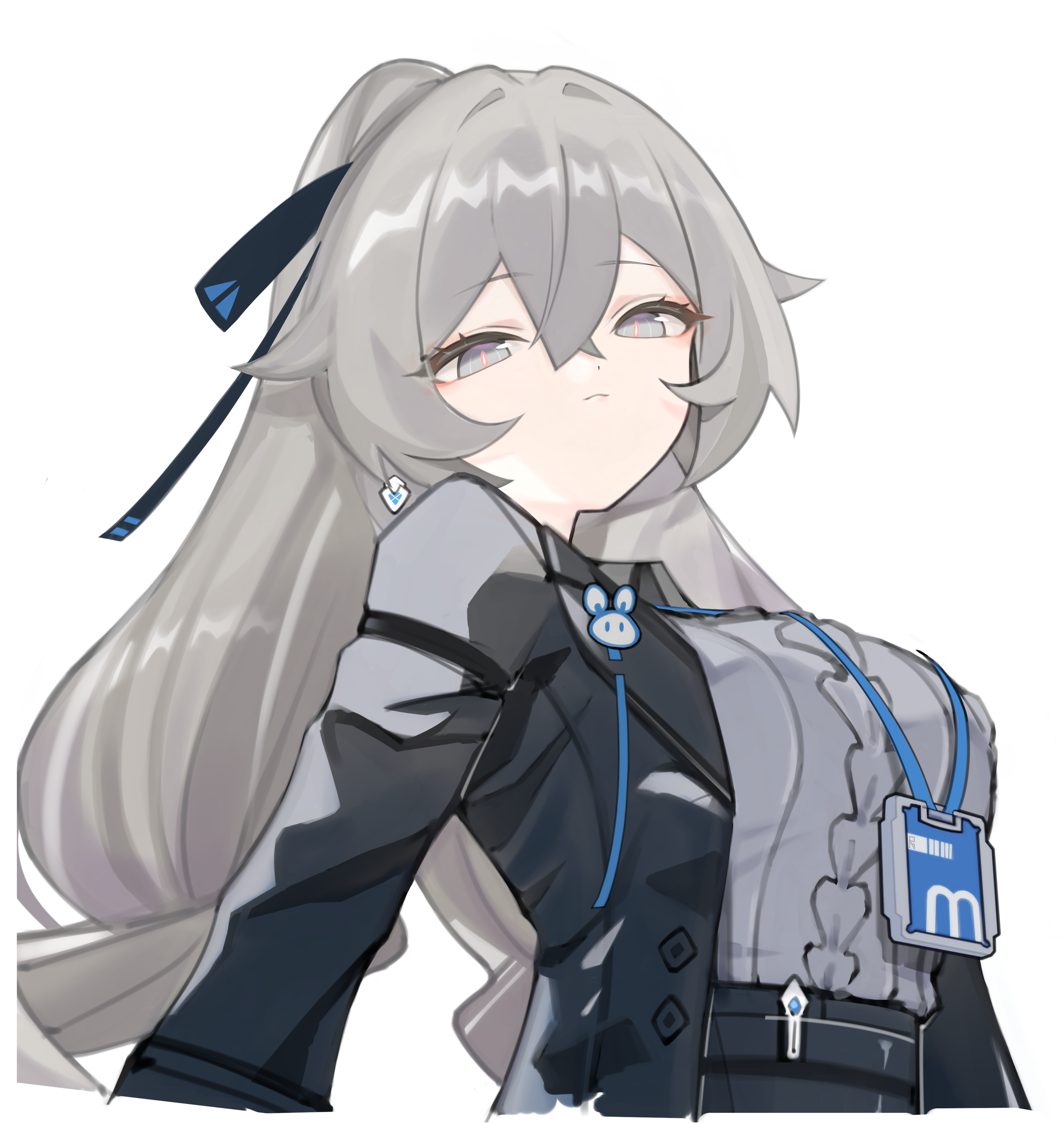 1girl absurdres breasts bronya_zaychik bronya_zaychik_(outstanding_attitude) bronya_zaychik_(silverwing:_n-ex) closed_mouth commentary earrings error1980 grey_eyes grey_hair hair_between_eyes highres honkai_(series) honkai_impact_3rd id_card jewelry lanyard large_breasts long_hair looking_at_viewer official_alternate_costume solo