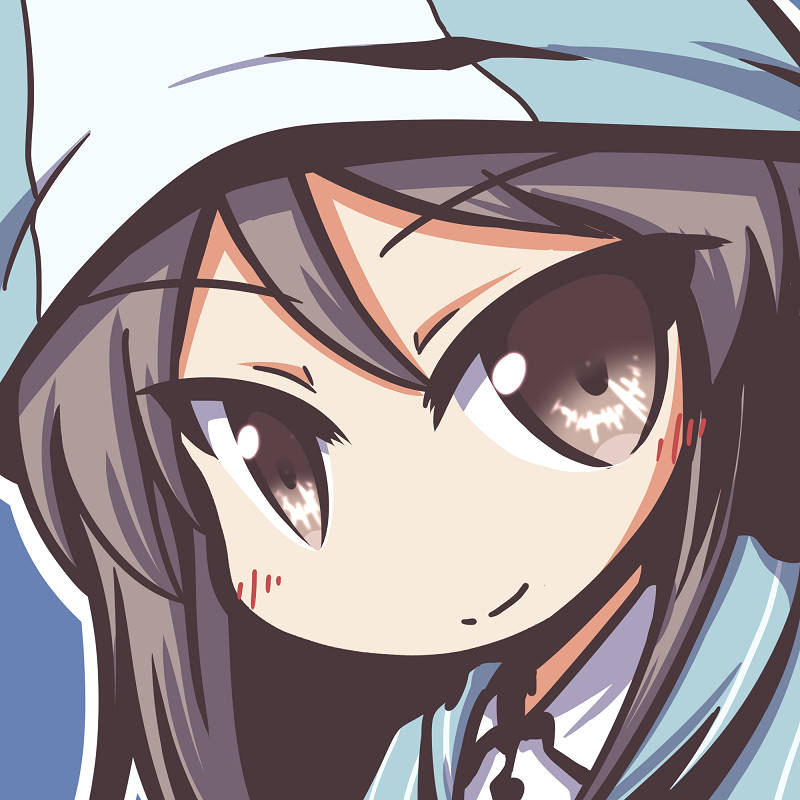 1girl blue_background blue_hat blush brown_eyes brown_hair chibi closed_mouth deformed dress_shirt fictional_sister girls_und_panzer hat keizoku_school_uniform long_hair long_sleeves looking_at_viewer mika_(girls_und_panzer) no_nose school_uniform shirt simple_background smile solo striped_clothes striped_shirt sweater tulip_hat upper_body vertical-striped_clothes vertical-striped_shirt vertical-striped_sweater white_shirt