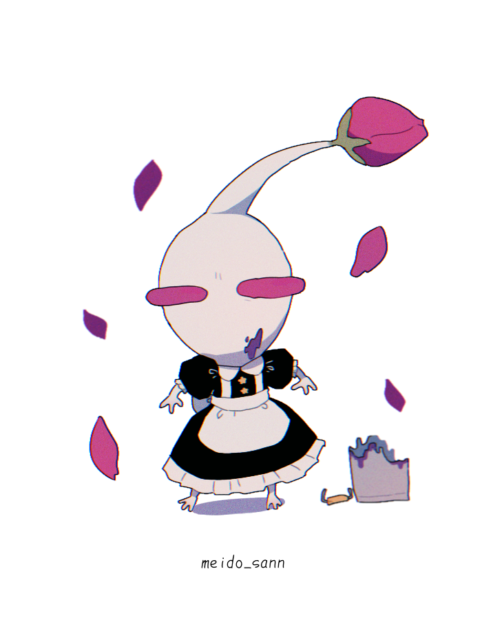 alternate_costume annoyed apron black_dress bucket bud collared_dress colored_skin commentary_request creature creature_focus dress enmaided falling_petals frilled_dress frills furrowed_brow half-closed_eyes long_dress maid nintendo no_humans no_mouth petals pikmin_(creature) pikmin_(series) poison puffy_short_sleeves puffy_sleeves red_eyes romaji_text shadow short_sleeves simple_background solid_oval_eyes solo standing star_button t_(user_rftm8574) white_apron white_background white_pikmin white_skin