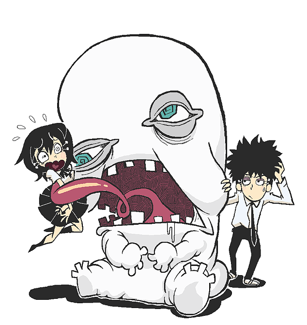 1boy 1girl black_hair cenco cencoroll gashi-gashi monster school_uniform tetsu_(cencoroll) tongue tongue_hold yuki_(cencoroll)