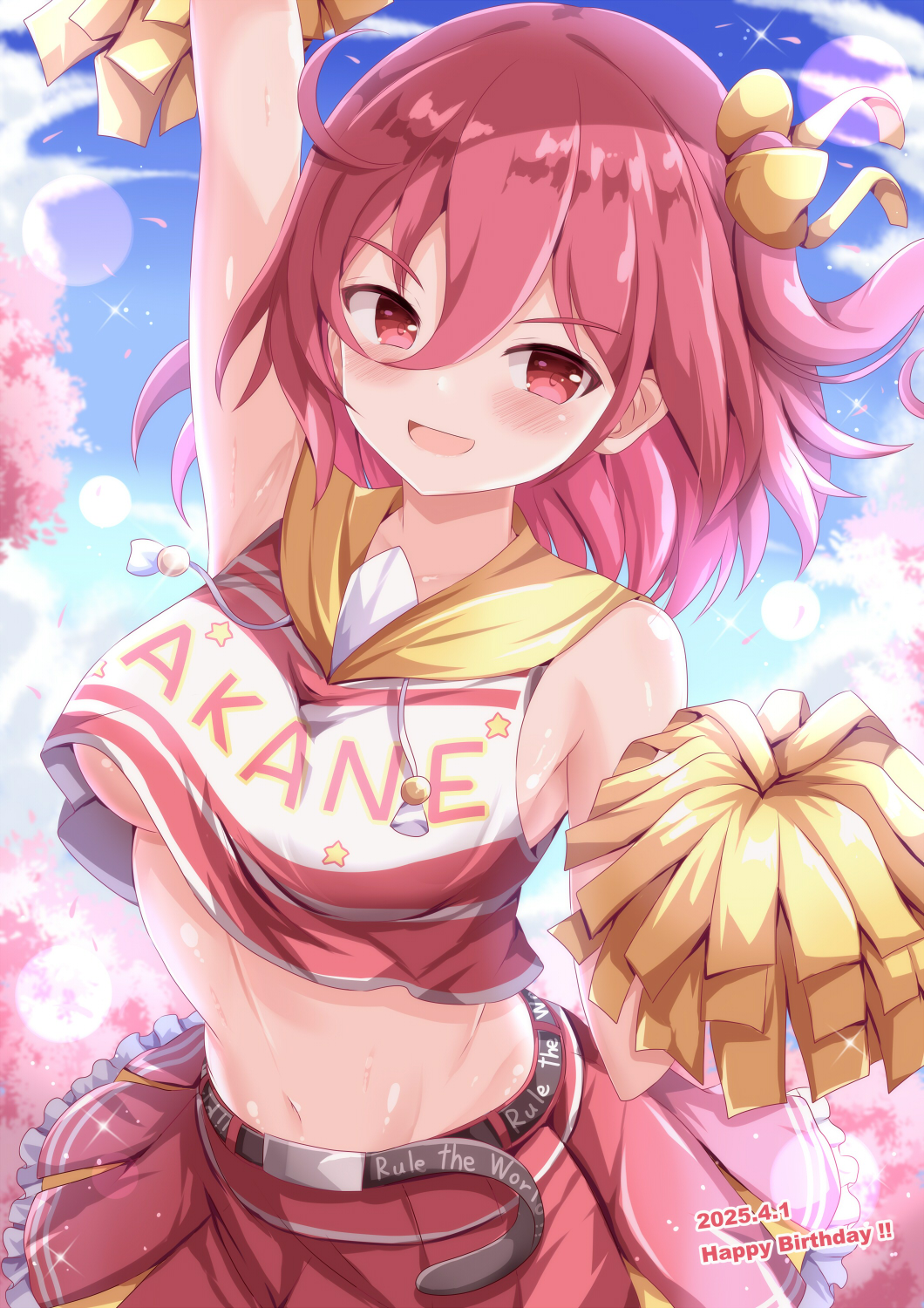 1girl :d arm_up blue_sky blush breasts cheerleader cloud commentary_request day hair_between_eyes highres holding holding_pom_poms lens_flare looking_at_viewer navel ongeki open_mouth ousaka_akane outdoors pleated_skirt pom_pom_(cheerleading) pom_poms red_eyes red_hair red_shirt ribbon shirt skirt sky sleeveless sleeveless_shirt smile solo standing underboob xenon_(for_achieve) yellow_ribbon