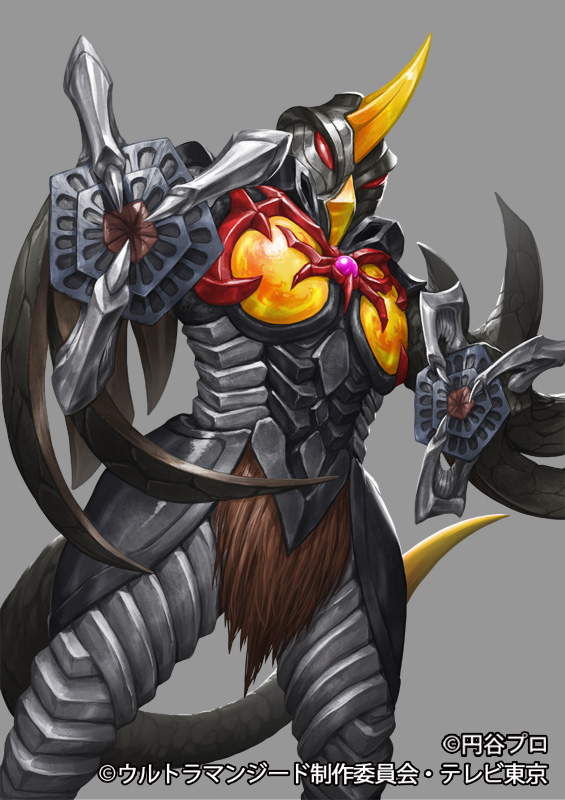 alien bemstar black_skin colored_skin commentary_request copyright_notice dutch_angle feet_out_of_frame fusion horns kaette_kita_ultraman kaiju looking_at_viewer monster nurikabe_(mictlan-tecuhtli) official_art red_eyes single_horn solo tail talons tokusatsu ultra_series ultraman_(1st_series) zetton