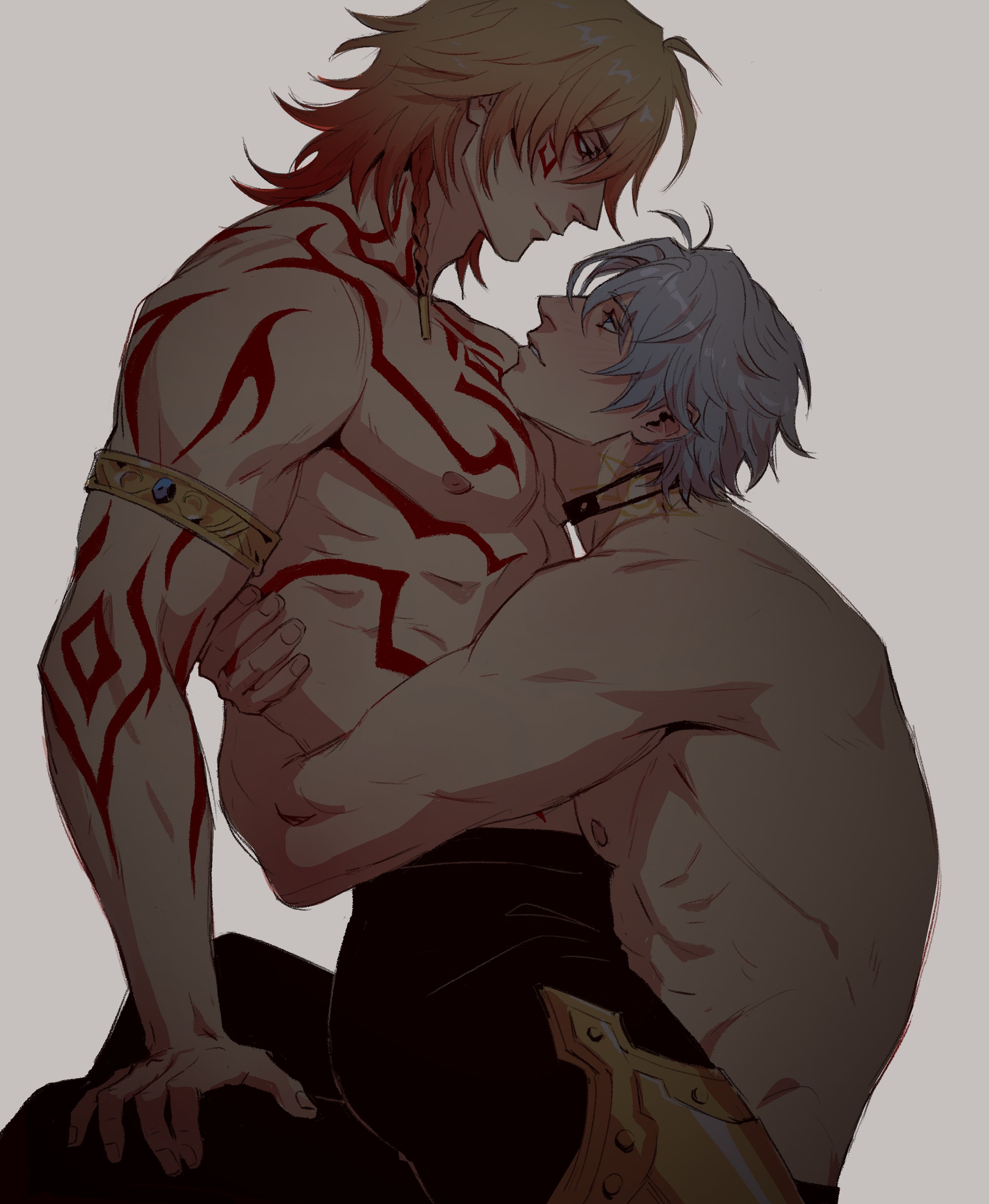 2boys abs absurdres antenna_hair arm_tattoo armlet between_pecs between_pectorals black_pants blonde_hair braid chest_tattoo donlemefo eye_contact facial_tattoo gradient_hair grey_background hair_between_eyes head_between_pecs highres honkai:_star_rail honkai_(series) hug jewelry looking_at_another male_focus multicolored_hair multiple_boys mydei_(honkai:_star_rail) pants pectorals phainon_(honkai:_star_rail) red_hair red_tattoo side_braid simple_background sitting sitting_on_lap sitting_on_person sun_symbol sun_tattoo tan tattoo toned toned_male topless_male white_hair yaoi
