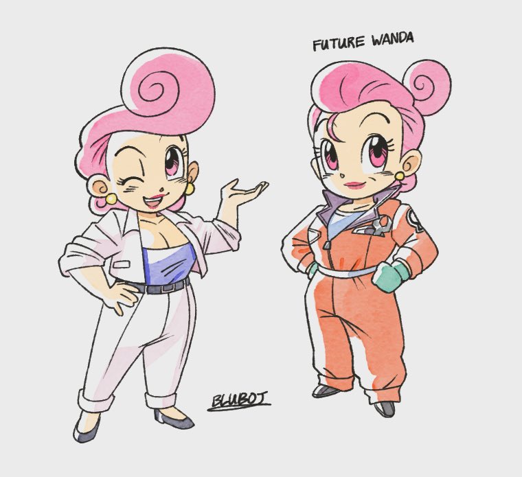 1girl artist_name black_footwear breasts character_name cleavage dragon_ball english_text gloves green_gloves high_heels jacket jumpsuit multiple_views one_eye_closed open_clothes open_jacket open_mouth orange_jumpsuit pants pink_eyes pink_hair purple_shirt shirt signature simple_background the_fairly_oddparents toriyama_akira_(style) wanda_(fairly_oddparents) white_background white_jacket white_pants xxsky64xx