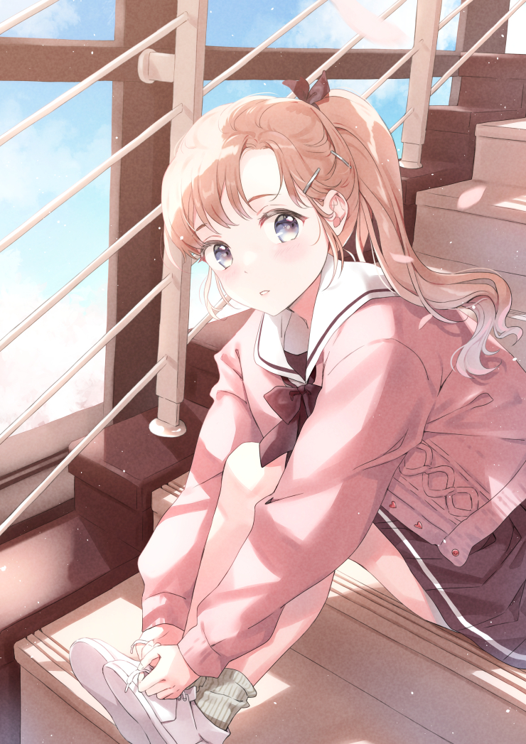 1girl black_ribbon black_skirt blue_eyes blue_sky blush brown_hair buttons cardigan cloud commentary_request day green_socks hair_ornament hair_ribbon hairclip heart_button indoors leaning_forward long_hair looking_at_viewer open_cardigan open_clothes original parted_lips pink_cardigan pleated_skirt ponytail railing ribbed_socks ribbon sailor_collar school_uniform serafuku shadow shoes sidelocks sitting sitting_on_stairs skirt sky sneakers socks solo stairs sunlight tying_footwear unya_(unya-unya) white_sailor_collar white_shoes window wispy_bangs