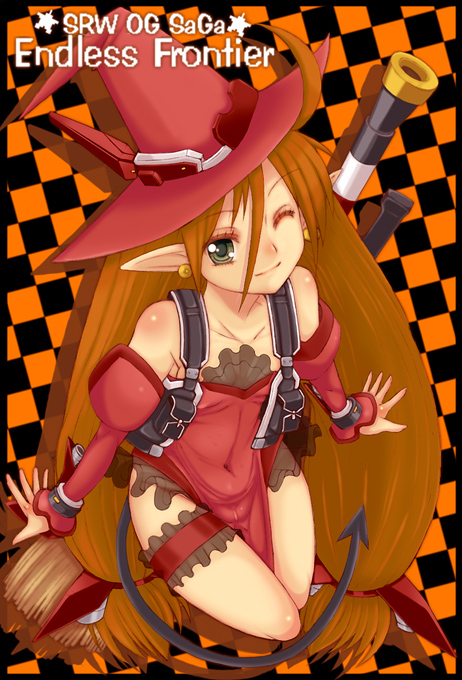1girl banpresto bare_shoulders bow demon_tail detached_sleeves earrings female_focus flat_chest green_eyes hair_bow hat jewelry kannagi_kaname kyon_feulion long_hair navel orange_hair pointy_ears smile solo super_robot_wars super_robot_wars_og_saga_mugen_no_frontier tail twintails wink witch_hat