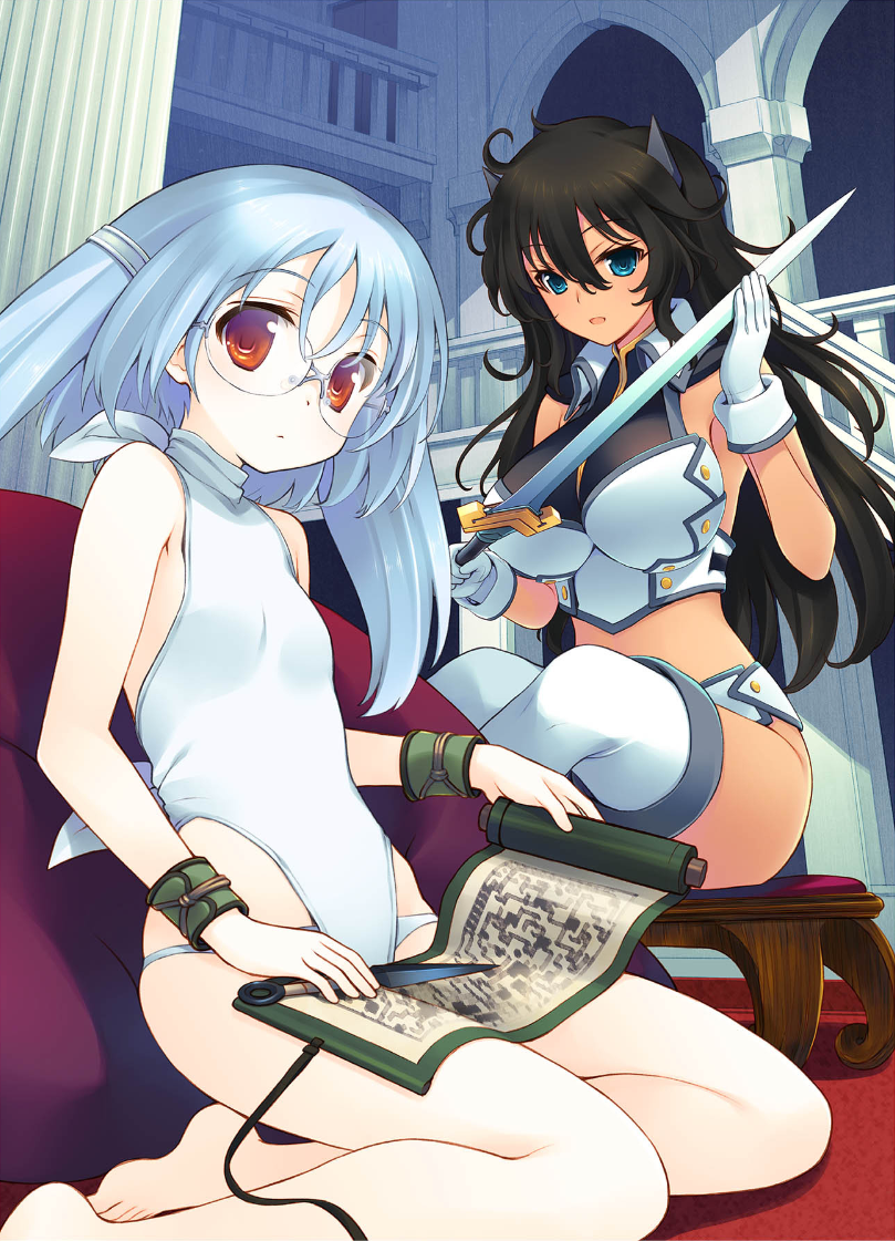 2girls aquaplus black_hair blue_eyes blue_hair bou_(inubou) breasts dungeon_travelers_2 expressionless grisherina_efleanor hair_between_eyes holding holding_scroll holding_sword holding_weapon indoors kunai large_breasts leotard light_blue_hair long_bangs long_hair multiple_girls official_art on_stool open_mouth photoshop_(medium) rimless_eyewear round_eyewear scroll sitting sword thighhighs tsurara_(dungeon_travelers_2) weapon white_leotard wristband
