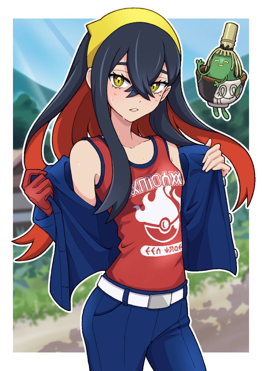 1girl belt black_hair blue_jacket blush carmine_(pokemon) colored_inner_hair crossed_bangs eyelashes gloves hair_between_eyes hairband highres jacket long_hair long_sleeves looking_at_viewer mole mole_under_eye multicolored_hair nintendo open_clothes open_mouth pokemon pokemon_(creature) pokemon_sv red_gloves red_hair red_tank_top shirt single_glove sinistcha smile sweatdrop tank_top two-tone_hair yellow_eyes yellow_hairband yuu_(jgvj7873)