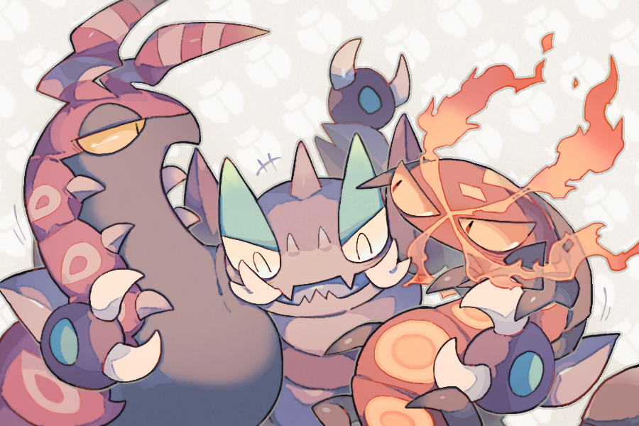 +++ ^_^ akadako animal_focus bags_under_eyes black_eyes bug centiskorch claws closed_eyes colored_sclera drapion fangs fire gen_4_pokemon gen_5_pokemon gen_8_pokemon grey_background grey_outline group_hug half-closed_eyes happy hug jitome motion_lines nintendo no_humans open_mouth outline pokemon pokemon_(creature) red_eyes scolipede skin_fangs smile yellow_sclera