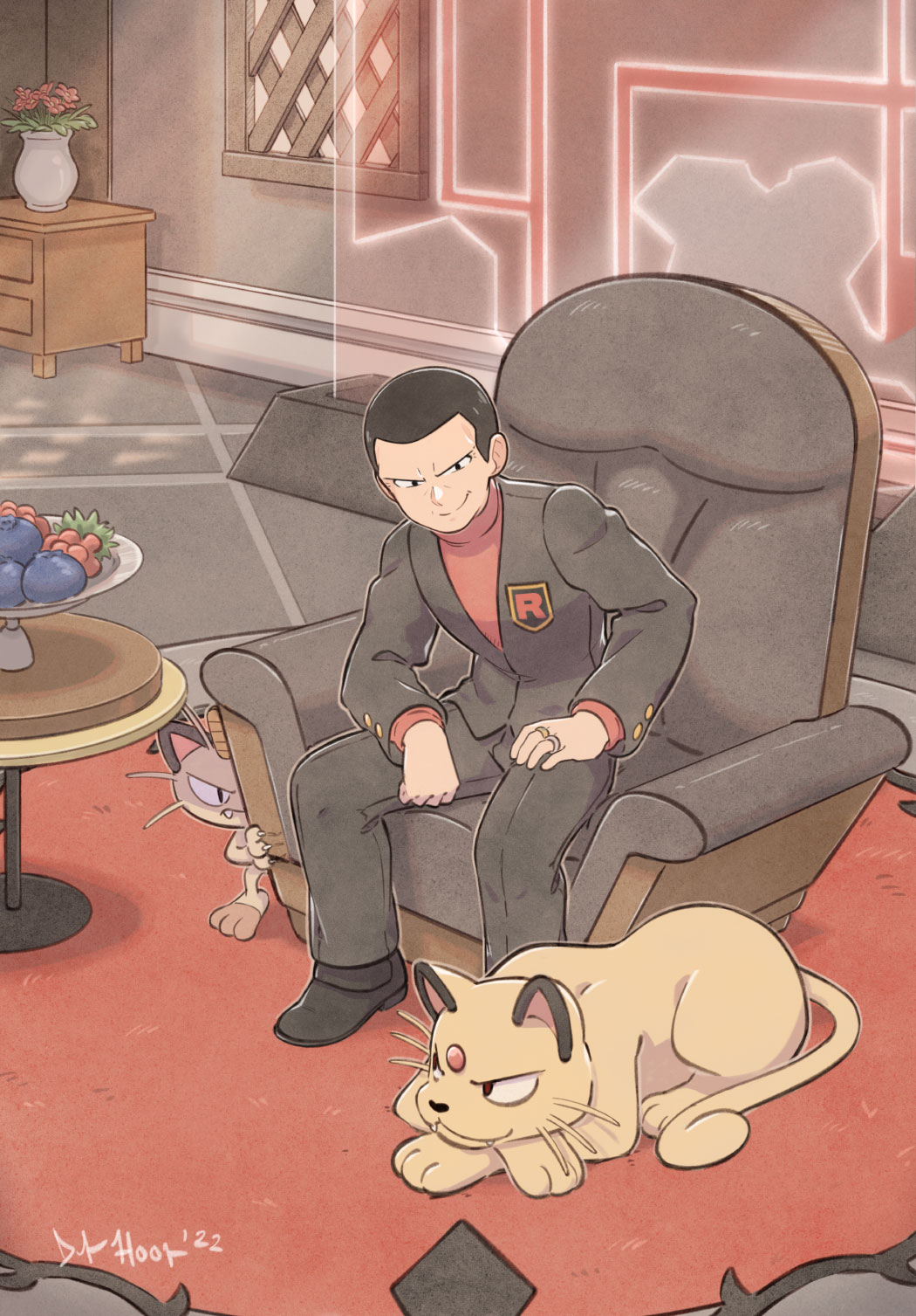 1boy armchair berry_(pokemon) black_hair chair closed_mouth dukehooverart evolutionary_line flower flower_pot gen_1_pokemon giovanni_(pokemon) hand_on_own_thigh highres indoors jacket jewelry logo looking_down male_focus meowth nintendo oran_berry pants persian pokemon pokemon_(creature) pokemon_lgpe razz_berry ring rug shirt shoes short_hair sitting smile table team_rocket team_rocket_uniform