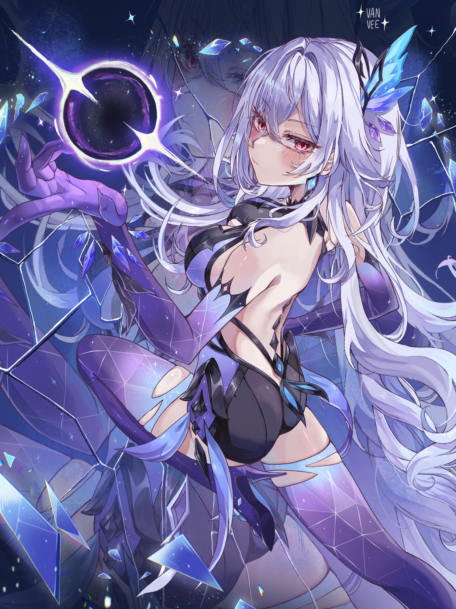 1girl backless_dress backless_outfit black_dress blush boots breasts commentary dress english_commentary from_side genshin_impact hair_ornament hand_up highres long_hair looking_at_viewer pink_eyes purple_boots skirk_(genshin_impact) solo thigh_boots vanillashiii zoom_layer