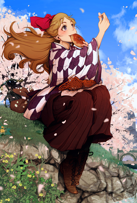 1girl bow brown_hair cherry_blossoms cloud day female_focus food grass haikara-san_ga_tooru hair_bow hakama hakama_skirt half_updo hanamura_benio harumaki japanese_clothes long_hair meiji_schoolgirl_uniform mouth_hold outdoors petals purple_eyes sitting skirt sky solo taishou_era wind yagasuri