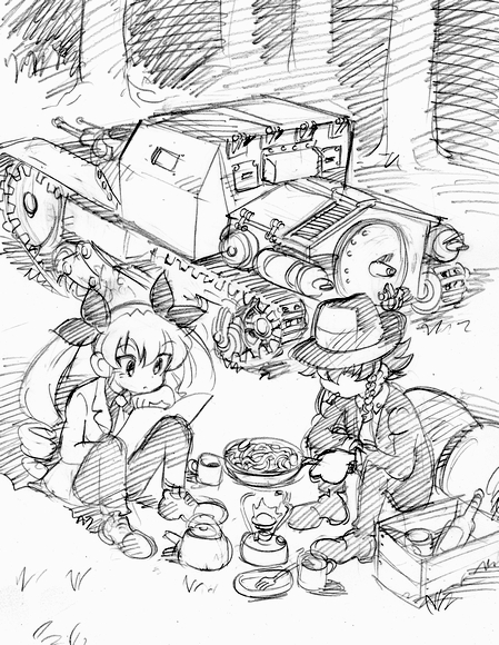 10s 2girls alternate_costume anchovy_(girls_und_panzer) arsene_lupin_iii arsene_lupin_iii_(cosplay) asari_yoshitoo bottle bow box braid camping carro_veloce_cv-33 cigarette cooking cosplay covered_eyes cup drill_hair fedora fire food forest fork frying_pan girls_und_panzer grass greyscale hair_bow hair_over_eyes halogen15 hand_on_own_chin hat head_rest jacket jigen_daisuke jigen_daisuke_(cosplay) lupin_iii map mess_kit military military_vehicle monochrome motor_vehicle mug multiple_girls nature necktie night parody pasta pepperoni_(girls_und_panzer) side_braid single_braid sitting sketch smoking spaghetti suit_jacket tank teapot twin_drills wine_bottle
