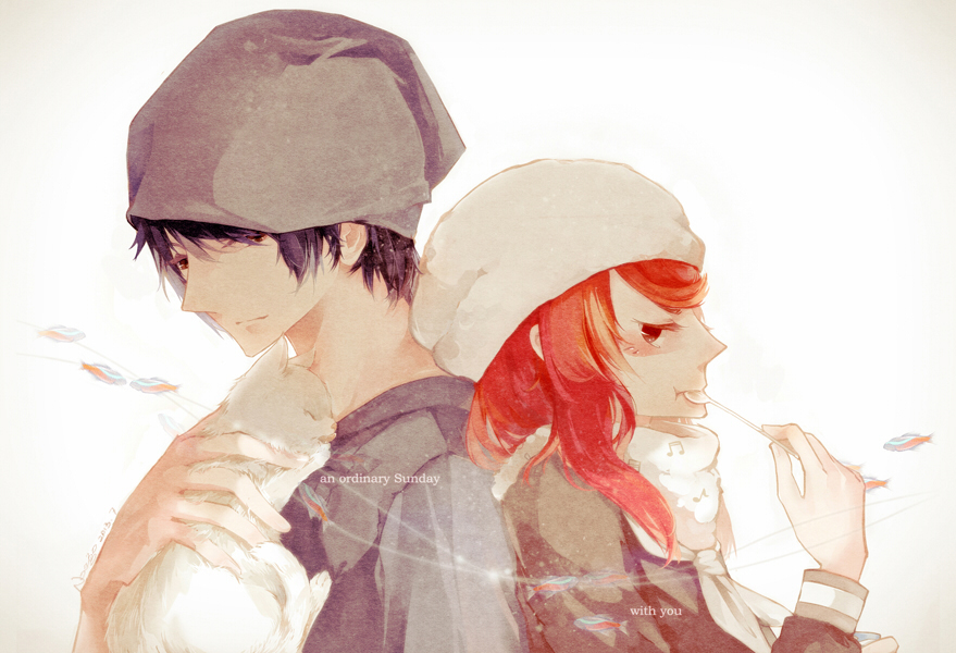 10s 1boy 1girl back-to-back ban_airi beanie black_hair brown_eyes cat devil_survivor_(series) devil_survivor_2 eating english_text fish hat noego red_eyes red_hair scarf school_uniform serafuku spoon torii_jungo