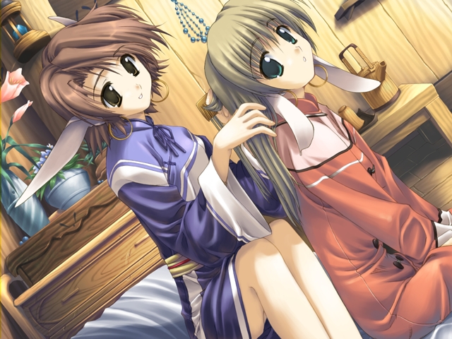 2girls animal_ears rabbit_ears game_cg indoors kuuya_amrulineulka leaf_(studio) multiple_girls sakuya_(utawarerumono) utawarerumono