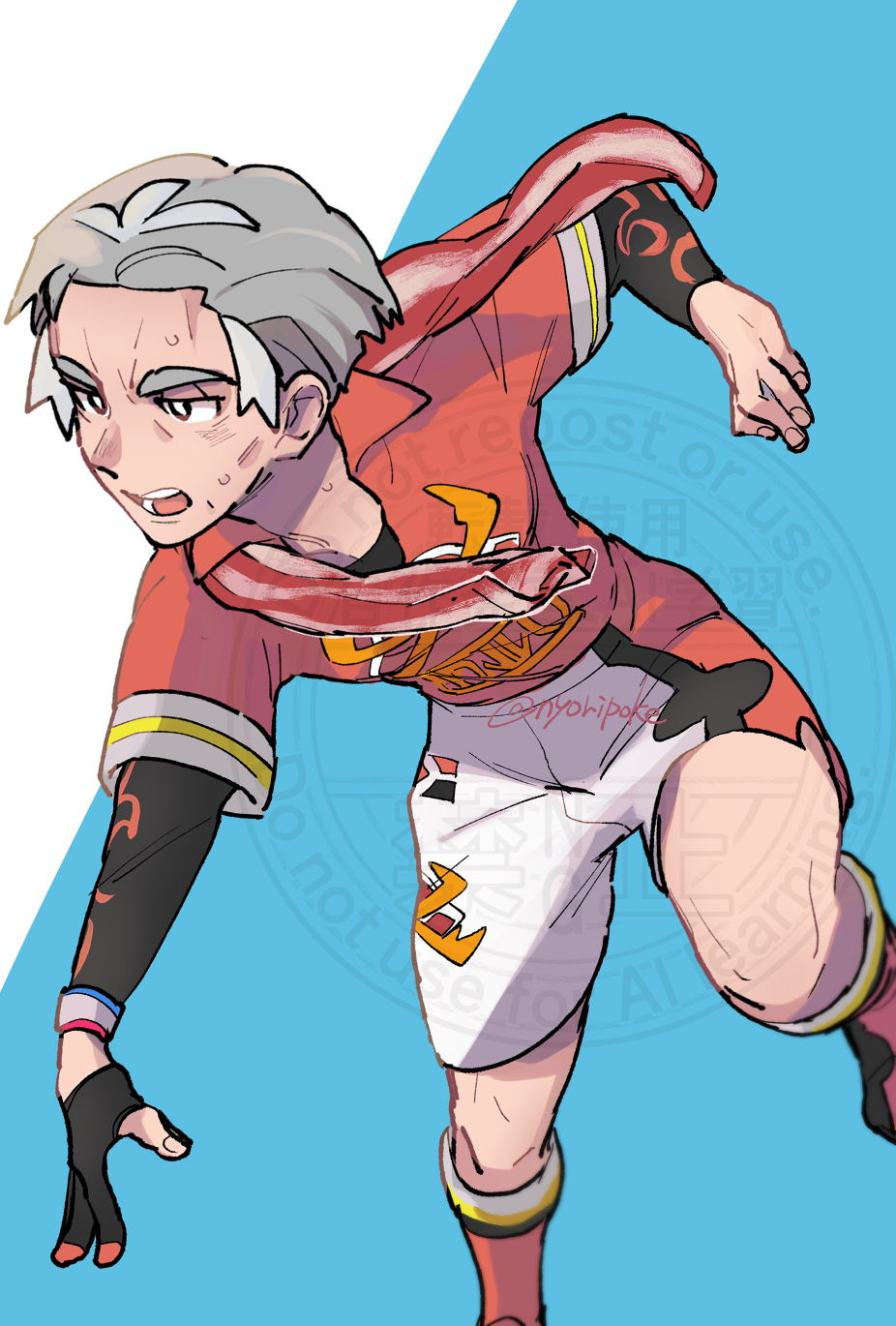 1boy black_gloves bright_pupils collared_shirt dynamax_band gloves grey_hair highres kabu_(pokemon) kneehighs knees male_focus mature_male nintendo nyoripoke open_mouth partially_fingerless_gloves pokemon pokemon_swsh red_shirt shirt short_hair shorts single_glove socks solo sweat teeth towel towel_around_neck twitter_username undershirt watermark white_pupils