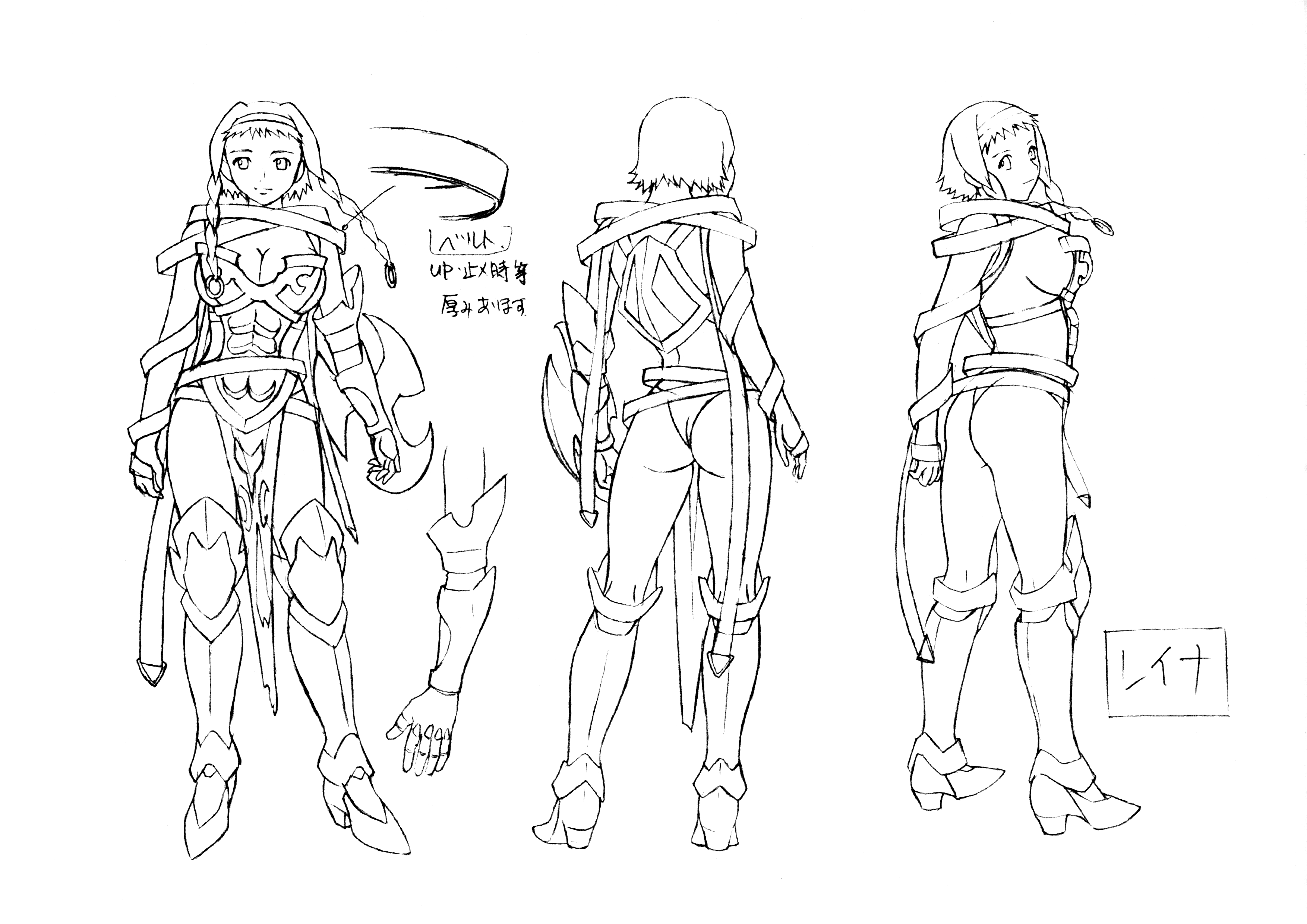 1girl absurdres armor ass braid breastplate breasts buckle reference_sheet cleavage curvy female_focus full_body hairband highres hisayuki_hirokazu large_breasts leina_(queen's_blade) monochrome multiple_views official_art queen's_blade revealing_clothes scan shield shiny_skin smile standing sword thong twin_braids weapon wide_hips