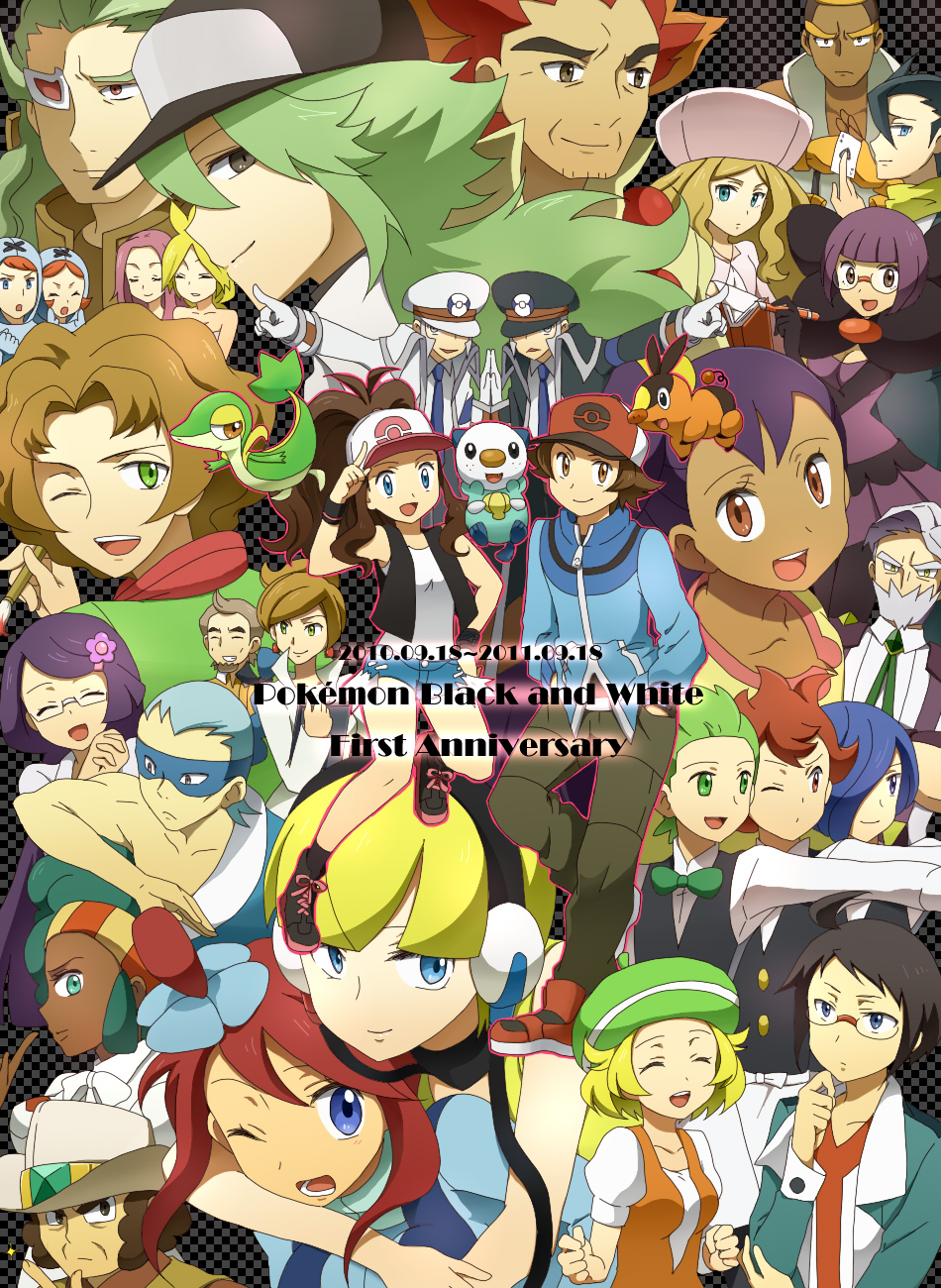 10s 6+boys 6+girls alder_(pokemon) aldith_(pokemon) anniversary anthea_(pokemon) aurea_juniper baseball_cap beard bianca_(pokemon) bow bowtie brad_(pokemon) brycen_(pokemon) burgh_(pokemon) caitlin_(pokemon) card cedric_juniper cheren_(pokemon) chili_(pokemon) cilan_(pokemon) clay_(pokemon) concordia_(pokemon) cowboy_hat cress_(pokemon) denim denim_shorts drayden_(pokemon) elesa_(pokemon) elite_four emmet_(pokemon) english_text facial_hair fennel_(pokemon) flower gen_5_pokemon ghetsis_(pokemon) glasses gloves grimsley_(pokemon) gym_leader hair_flower hair_ornament hands_in_pockets hat highres hilbert_(pokemon) hilda_(pokemon) holding holding_card ingo_(pokemon) iris_(pokemon) jacket lenora_(pokemon) looking_at_viewer marshal_(pokemon) mask multiple_boys multiple_girls n_(pokemon) nanananona nintendo one_eye_closed oshawott peaked_cap pointing pokemon pokemon_(creature) pokemon_bw shauntal_(pokemon) shorts skyla_(pokemon) smile snivy starter_pokemon_trio team_plasma team_plasma_grunt tepig traditional_bowtie vest wink