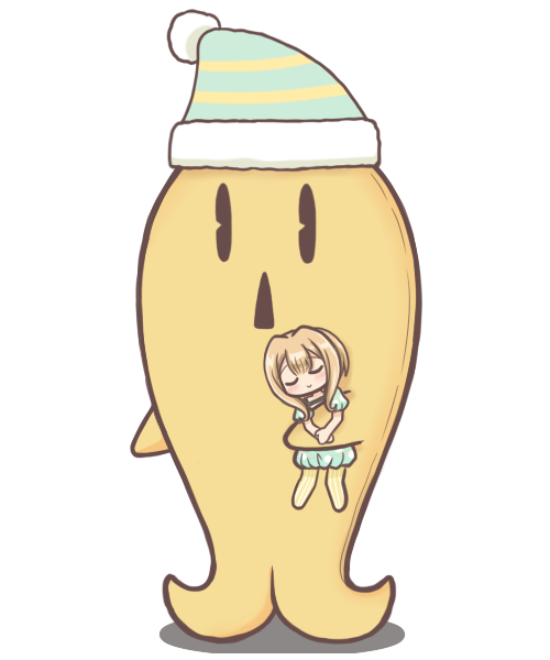 1girl bad_id bad_twitter_id blonde_hair blue_dress blue_hat carrying carrying_person closed_eyes dress full_body hat magia_record:_mahou_shoujo_madoka_magica_gaiden mahou_shoujo_madoka_magica mandragora mini_person minigirl nightcap other_focus pajamas reverse_(bluefencer) satori_kagome simple_background sleeping smile solid_oval_eyes solo white_background