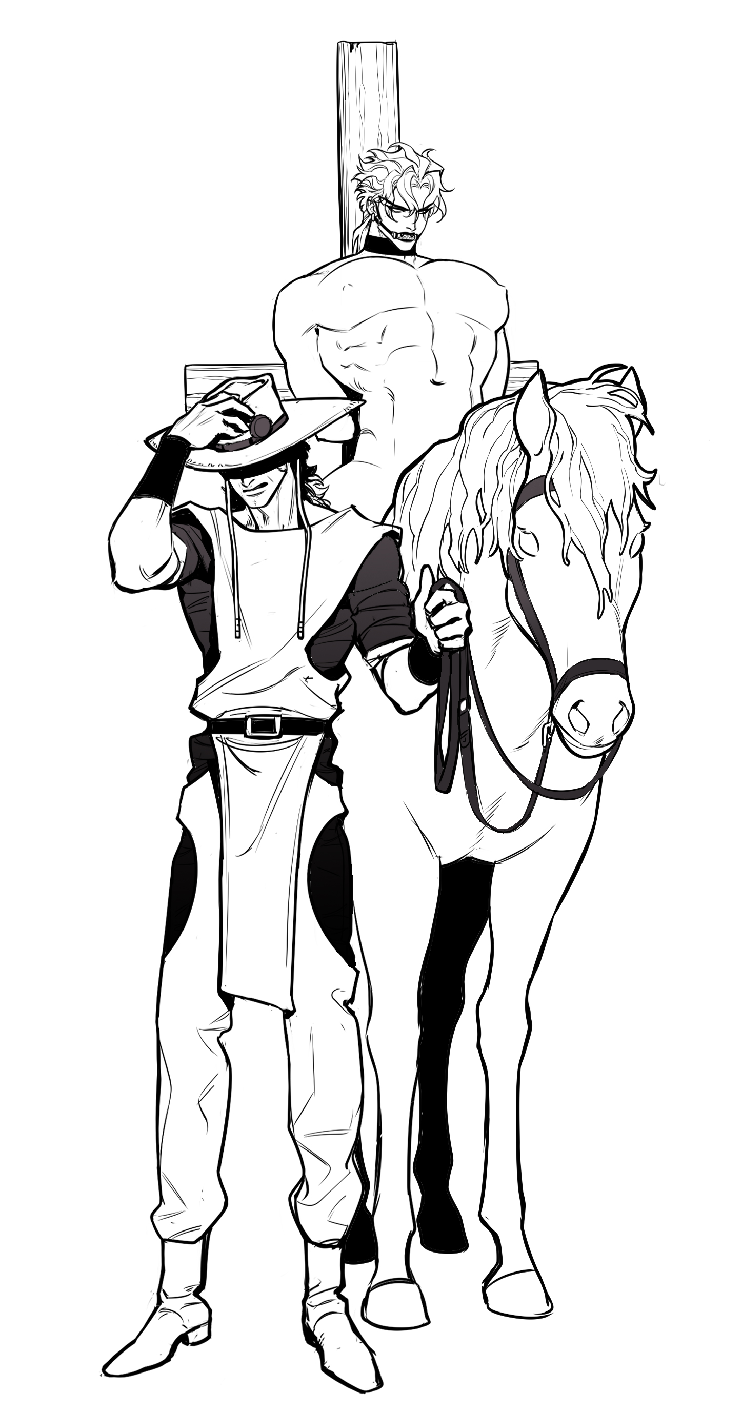 2boys absurdres bdsm bondage bound cross crucifixion dio_brando full_body gagged hat highres hol_horse horse horseback_riding huang_lia jojo_no_kimyou_na_bouken large_pectorals male_focus medium_hair monochrome multiple_boys navel nipples pectorals riding stardust_crusaders vampire yaoi