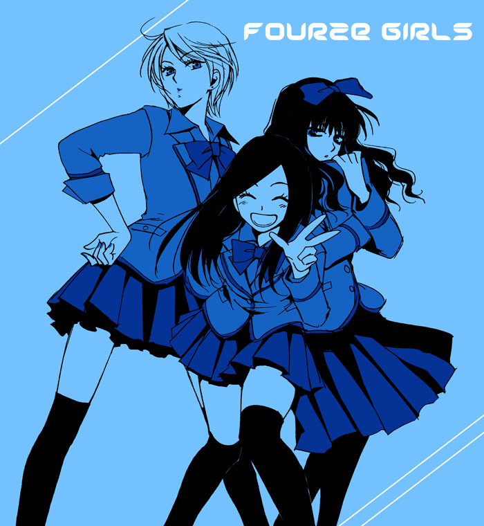3girls ^_^ bad_id bad_pixiv_id black_legwear bow closed_eyes closed_eyes hair_ribbon hand_on_own_hip hip_focus joujima_yuuki kamen_rider kamen_rider_fourze_(series) kazashiro_miu long_hair mononobe_no_futo multiple_girls nozama_tomoko pantyhose ribbon school_uniform short_hair skirt smile thighhighs tora_tsuki