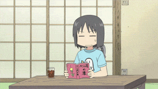 1girl animated animated_gif black_eyes black_hair book bug drink fainting halo insect lowres mosquito nichijou sakamoto_(nichijou) shinonome_nano unconscious winding_key