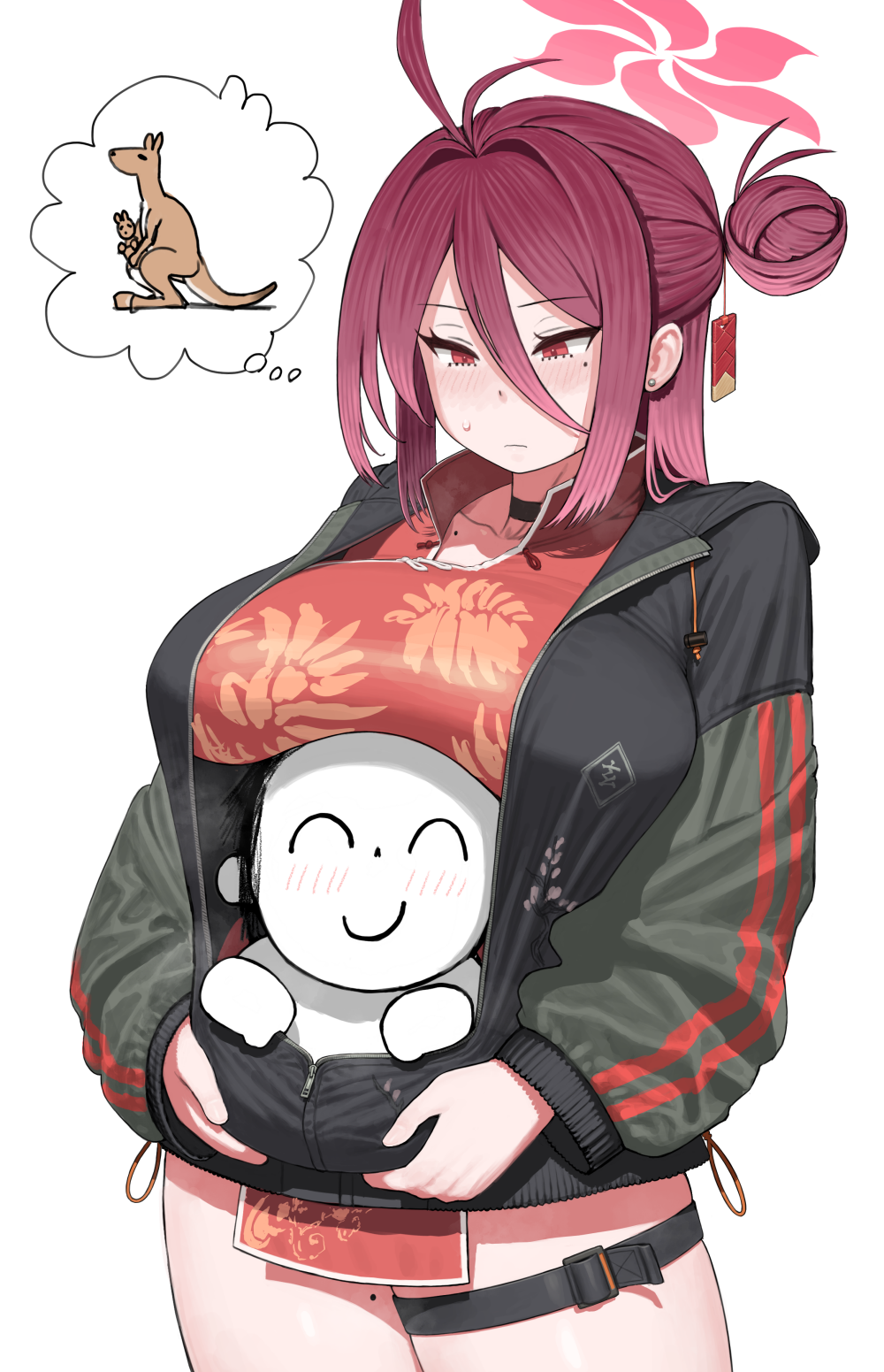 1boy 1girl ^_^ antenna_hair doodle_sensei_(blue_archive) black_choker blue_archive blush breast_rest breasts breasts_on_head carrying carrying_person china_dress chinese_clothes choker closed_eyes collarbone dress hair_between_eyes hair_bun halo highres imagining jacket kangaroo large_breasts letterman_jacket maruko_tooto mole mole_on_collarbone mole_on_thigh mole_under_eye partially_unzipped pelvic_curtain red_eyes red_hair reijo_(blue_archive) sensei_(blue_archive) simple_background single_side_bun smile sweatdrop thigh_strap white_background