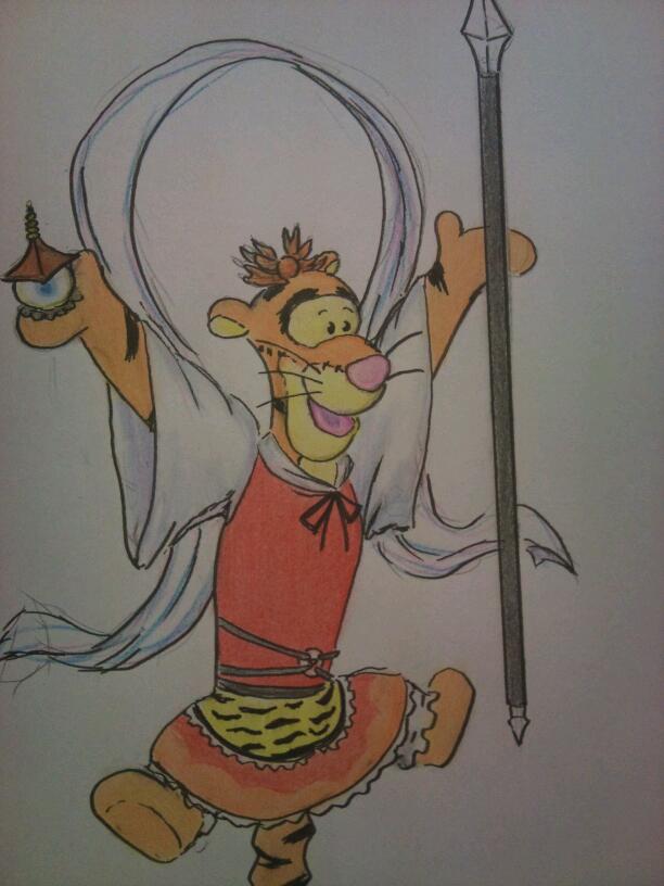 animal_ears archer_(fate) bishamonten&#039;s_pagoda cosplay disney fate_(series) gradient_background grey_background hair_ornament headknocker kubifuri_ningyou no_humans parody polearm solo tigger toramaru_shou toramaru_shou_(cosplay) touhou traditional_media weapon winnie_the_pooh