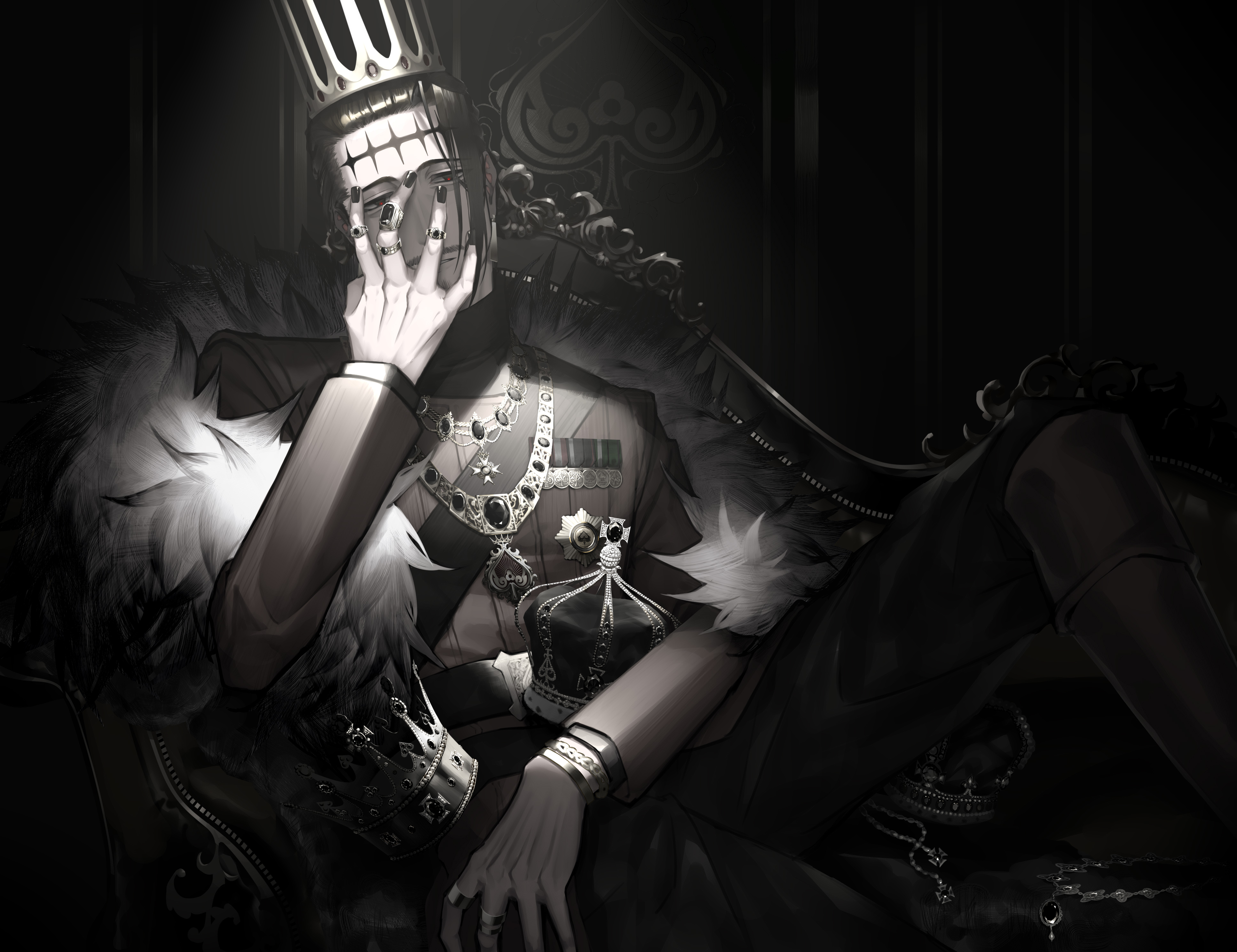 1boy absurdres belt belt_buckle black_clover black_hair black_nails bracelet buckle chain chain_necklace crown dante_zogratis emblem facial_hair frit_2 fur_collar gem goatee hair_slicked_back hand_on_own_face head_tilt high_collar highres jacket jewelry livery_collar long_sleeves looking_at_viewer male_focus medal military military_jacket military_uniform mustache nail_polish necklace reclining red_eyes red_gemstone ring robe short_hair shoulder_strap sideburns single_sidelock solo spade_(shape) spotlight throne