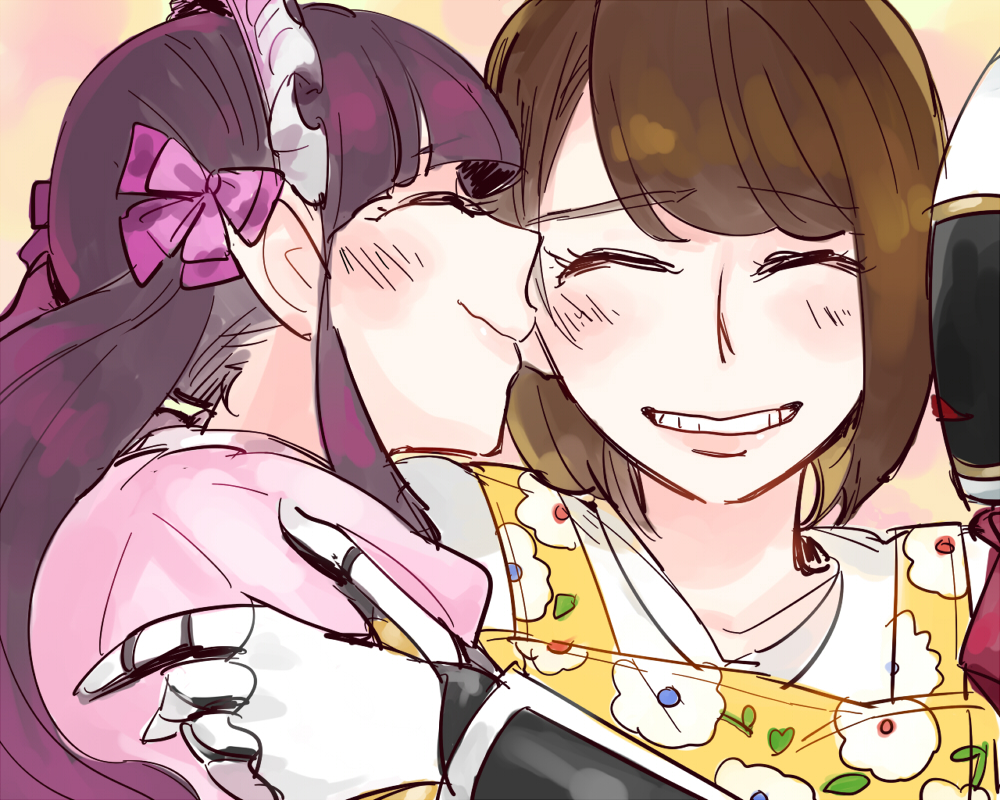 3girls android animification brown_hair closed_eyes fuu_(fukino10u) grin hair_ribbon headdress kagura_(ressha_sentai_toqger) long_hair mio_(ressha_sentai_toqger) multiple_girls purple_hair ressha_sentai_toqger ribbon smile super_sentai twintails wagon_(ressha_sentai_toqger)
