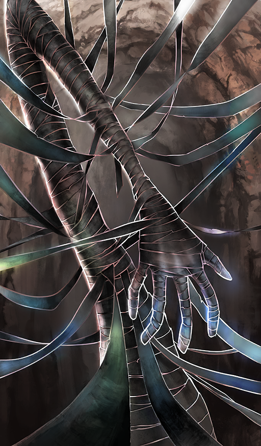 1boy bandaged_arm bandages black_bandages brown_background commentary fate/grand_order fate_(series) hand_focus hassan_of_the_cursed_arm_(fate) lasengle long_arms official_art third-party_source zabaniya_(fate)
