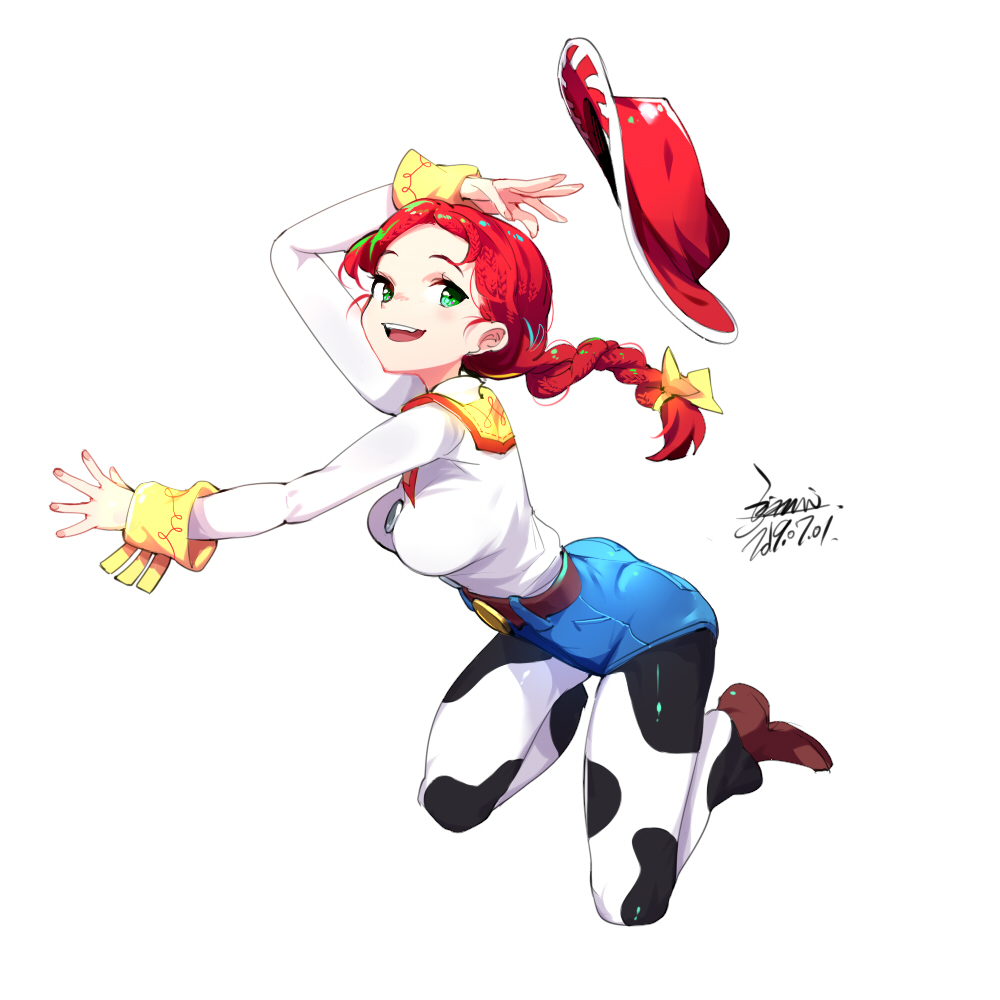 1girl boots braid breasts cowboy_boots cowboy_hat cowboy_western cowgirl_(western) ejami female_focus green_eyes hat jessie_the_yodeling_cowgirl long_hair looking_at_viewer red_hair simple_background single_braid smile solo toy_story toy_story_2 white_background