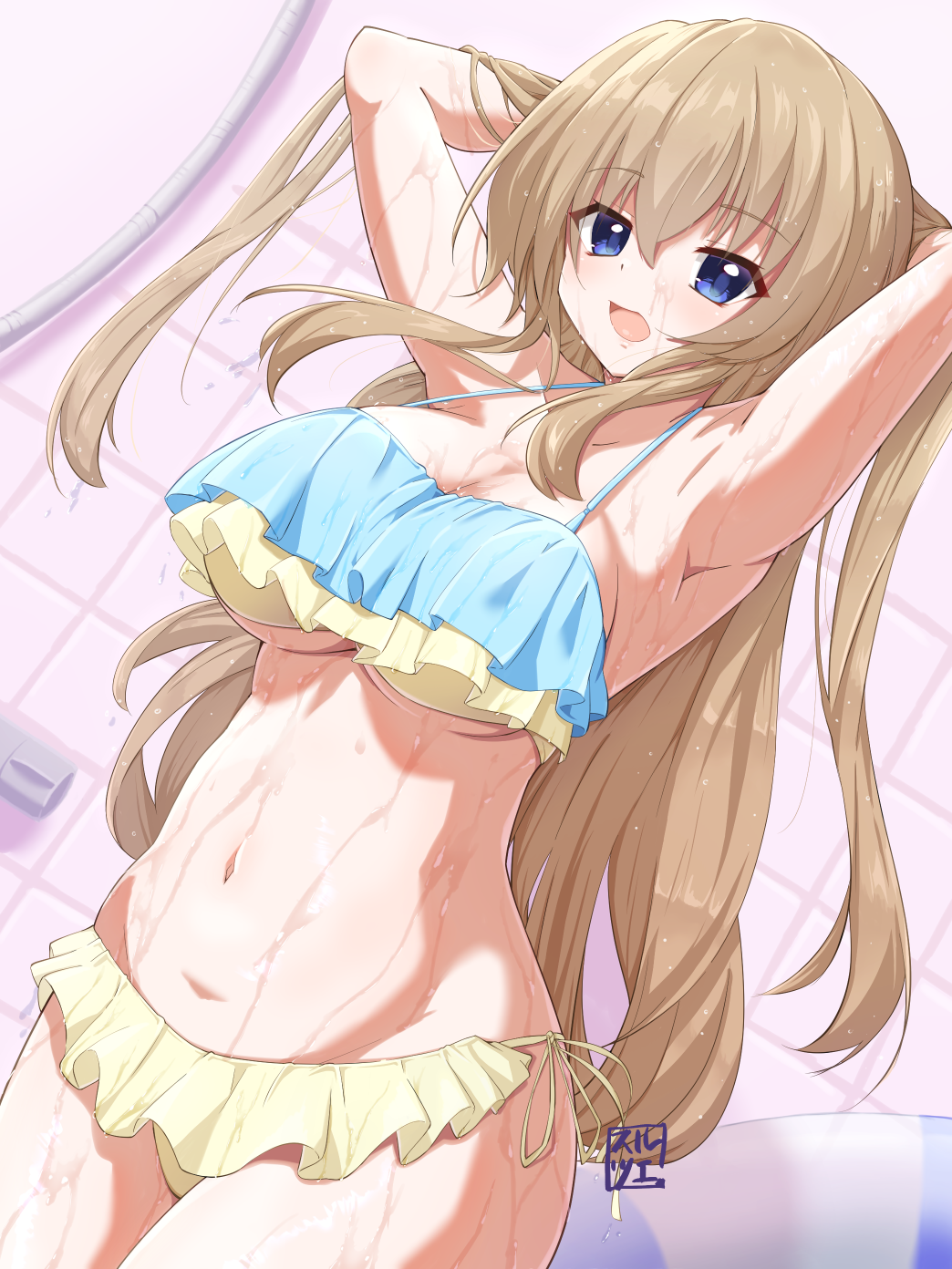 1girl 9-nine- adjusting_hair alternate_costume armpits arms_behind_head bathroom bikini blue_bikini blue_eyes breasts brown_hair cleavage commentary cowboy_shot curvy dutch_angle eyes_visible_through_hair frilled_bikini frills hair_between_eyes halterneck highres indoors kujou_miyako large_breasts long_hair looking_at_viewer multicolored_bikini navel open_mouth sidelocks signature solo stomach swim_ring swimsuit tsue_(surutsue) two-tone_bikini underboob very_long_hair wet yellow_bikini