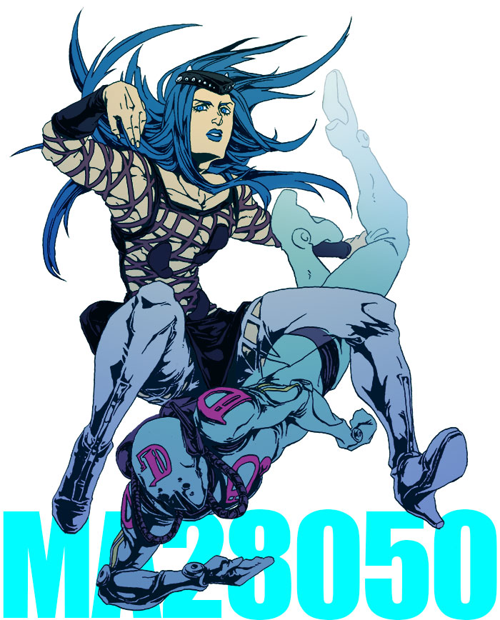 2boys blue_eyes blue_hair blue_lips boots diver_down_(stand) hat jojo_no_kimyou_na_bouken lipstick long_hair makeup mine_(odasol) multiple_boys narciso_anasui stand_(jojo) stone_ocean thigh_boots thighhighs