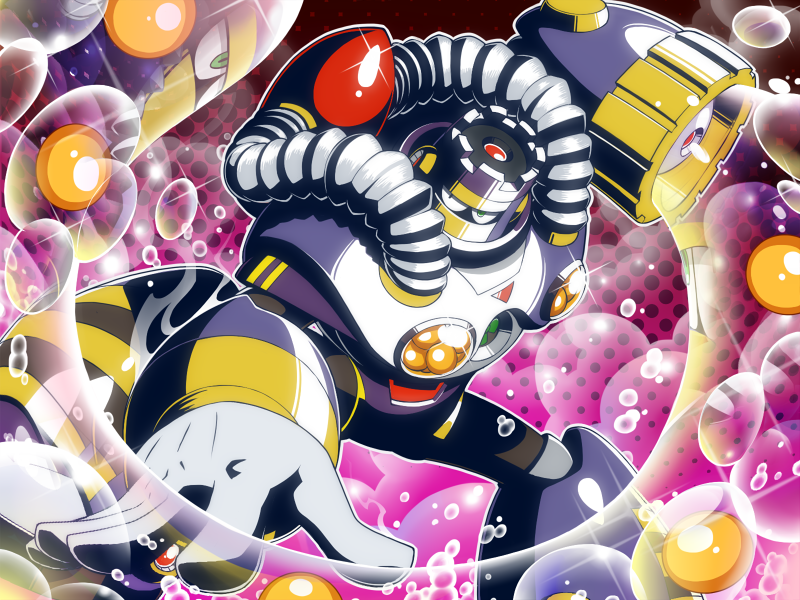 1boy arm_cannon armor bubble burst_man commentary english_commentary gloves gradient_background green_eyes male_focus mega_man_(classic) mega_man_(series) mega_man_7 napo polka_dot polka_dot_background purple_background reflection robot_ears solo weapon white_gloves