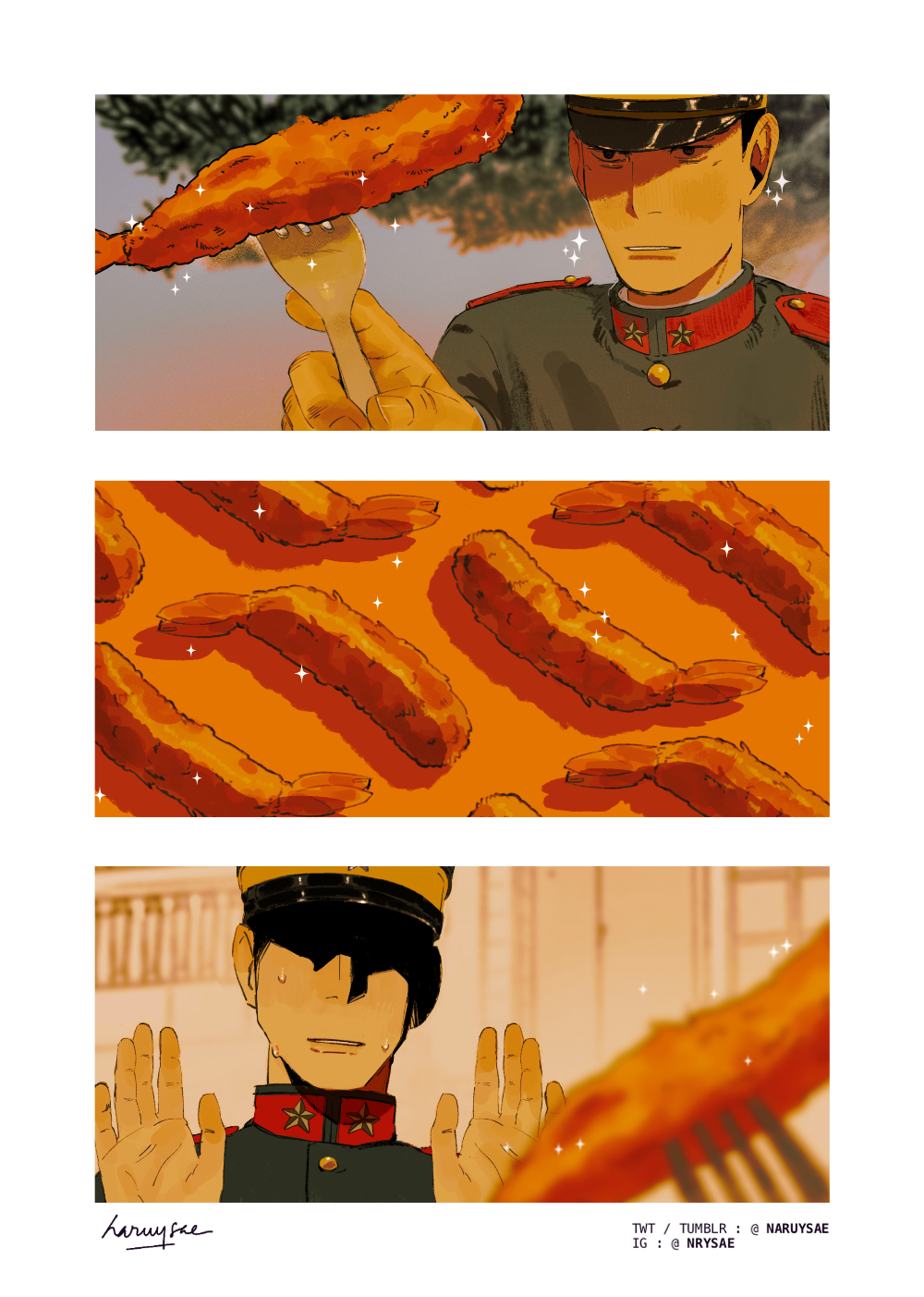 2boys black_hair blurry blurry_foreground food fork golden_kamuy hanazawa_yusaku highres holding holding_fork long_sleeves male_focus military_uniform multiple_boys naruysae nervous_sweating parted_lips shrimp shrimp_tempura sideburns signature sparkle sugimoto_saichi sweat tempura