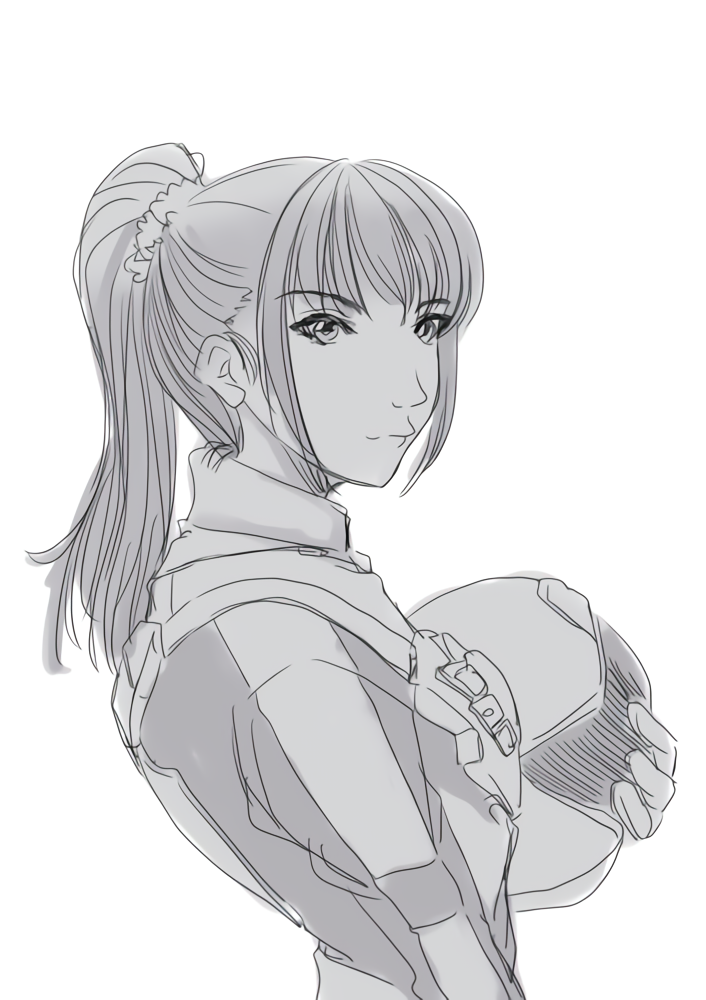 1girl engine_sentai_go-onger helmet holding holding_helmet monochrome ponytail_hair smile super_sentai sutou_miu 鮎原雫
