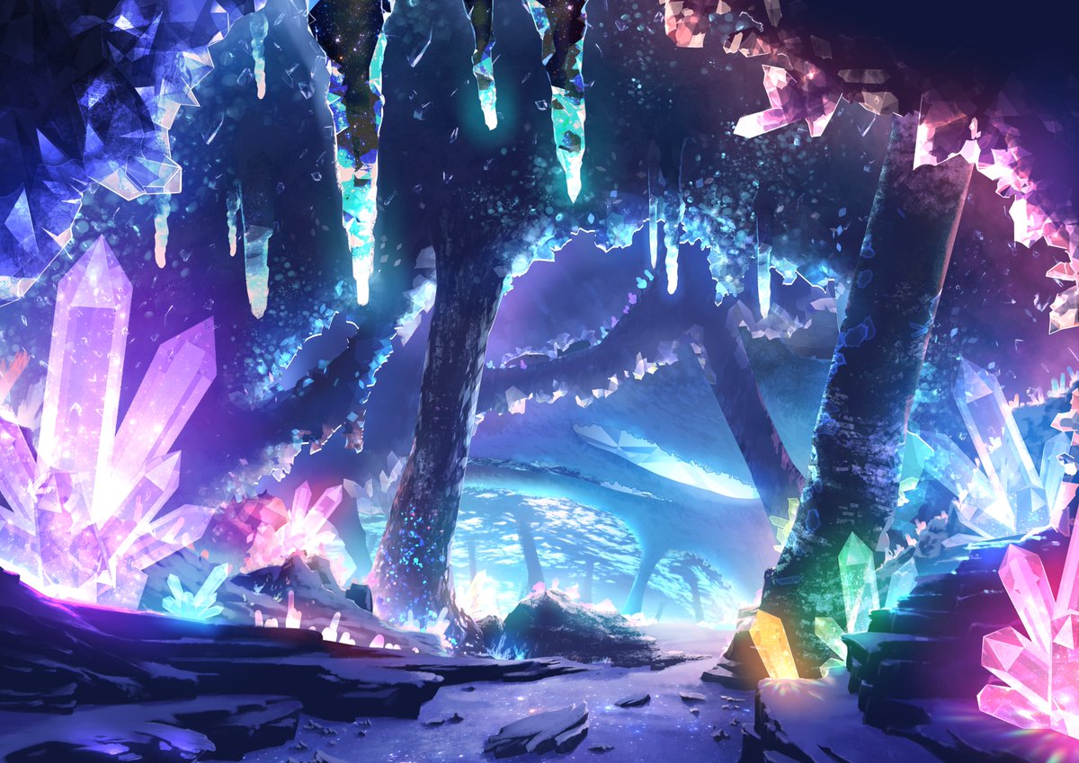 cave cloud crystal fantasy glowing glowing_crystal holes nature no_humans original outdoors rock scenery sky smile_(qd4nsvik) stone_pillar