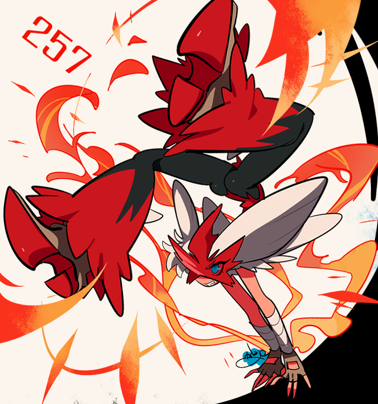 1girl ass black_pants blaziken blue_eyes brown_gloves brown_shoes commentary_request fingerless_gloves fire full_body gen_3_pokemon gloves grin handstand mask mega_blaziken mega_pokemon nintendo pants personification pokedex_number pokemon sameyama_jiro shoes signature smile solo white_background