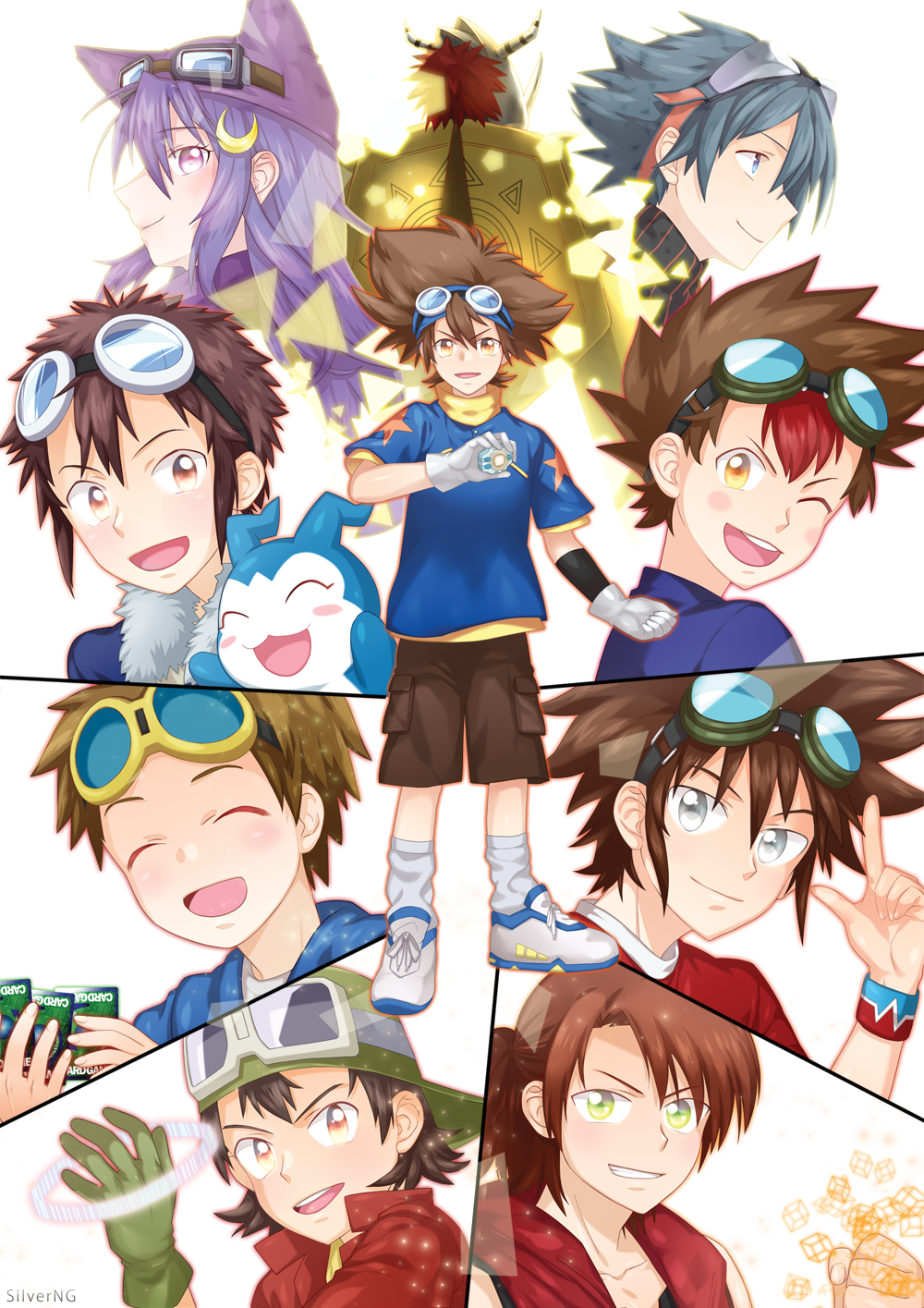 6+boys akashi_tagiru chibimon daimon_masaru_(digimon_savers) digimon digimon_adventure digimon_adventure_02 digimon_frontier digimon_savers digimon_story:_sunburst_and_moonlight digimon_tamers digimon_world_re:digitize digimon_xros_wars digimon_xros_wars:_toki_wo_kakeru_shounen_hunter-tachi goggles goggles_on_head highres kanbara_takuya kudou_taiki matsuda_takato motomiya_daisuke multiple_boys sayo_(digimon) taiga_(digimon) wargreymon yagami_taichi
