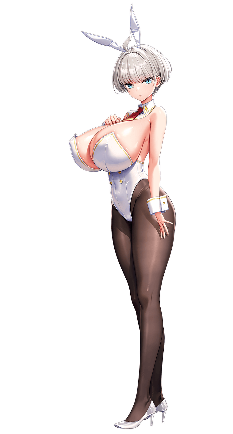 animal_ears antenna_hair blue_eyes breasts cleavage closed_mouth covered_navel derauea detached_collar fake_animal_ears hand_on_own_chest high_heels highleg highleg_leotard highres huge_breasts leotard looking_at_viewer miinya_prenavas8102 motto!_haramase!_honoo_no_oppai_isekai_oppai_bunny_gakuen! official_art pantyhose playboy_bunny rabbit_ears short_hair strapless strapless_leotard white_hair white_leotard white_wrist_cuffs wrist_cuffs