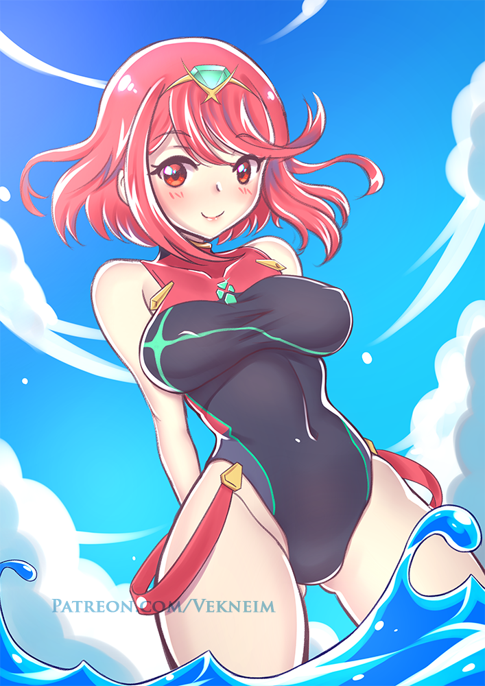 1girl arm_behind_back artist_name black_one-piece_swimsuit blue_sky bob_cut breasts chest_jewel closed_mouth commentary_request core_crystal_(xenoblade) covered_erect_nipples covered_navel cowboy_shot day gem green_gemstone large_breasts looking_at_viewer one-piece_swimsuit outdoors patreon_username pyra_(pro_swimmer)_(xenoblade) pyra_(xenoblade) red_eyes red_hair short_hair sky smile solo swimsuit tiara vekneim wading water xenoblade_chronicles_(series) xenoblade_chronicles_2