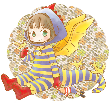 1girl bird boots boris_the_dragon boris_the_dragon_(cosplay) brown_hair cameo canary cosplay doll elmer_elevator_(cameo) female_focus gloves green_eyes hood hoodie lowres my_father&#039;s_dragon no_nose original pocket_watch red_gloves shirt short_hair sitting solo striped_clothes striped_shirt stuffed_toy watch wings yamana_sawako