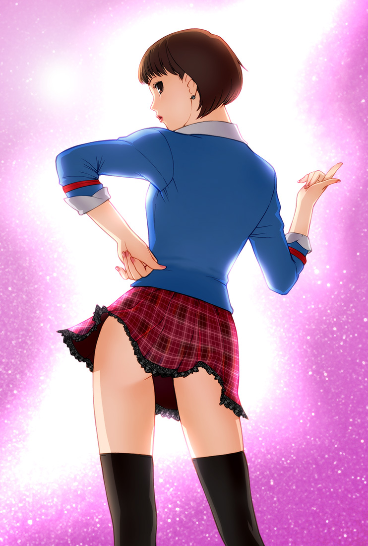 1girl black_socks black_thighhighs brown_eyes brown_hair clothes_lift earrings female_focus hand_on_own_hip hip_focus jewelry kamen_rider kamen_rider_fourze_(series) kazashiro_miu kneehighs looking_back nail_polish plaid_clothes plaid_skirt short_hair skirt skirt_lift socks solo thighhighs ueyama_michirou wind wind_lift zettai_ryouiki
